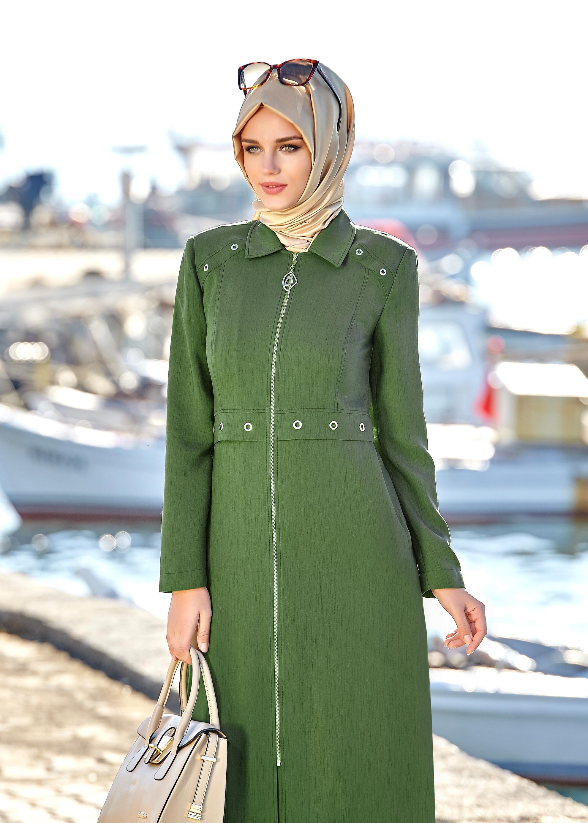 Tesettür giyim HAKİ FERMUARLI PARDESÜ 1800