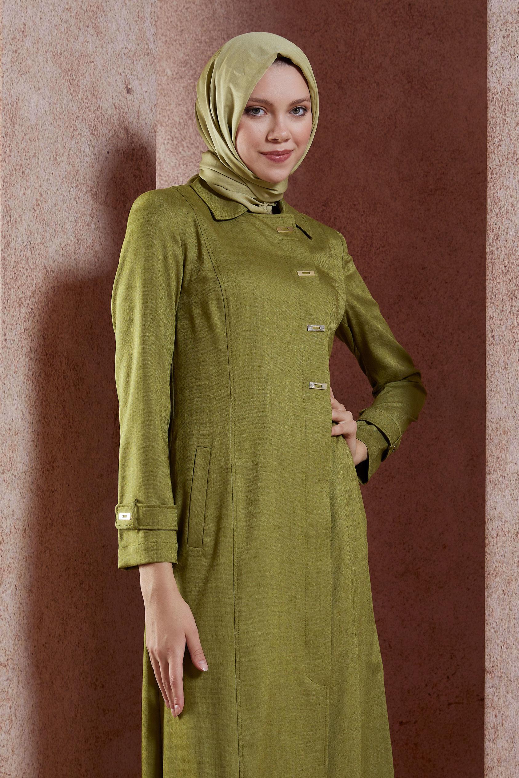 Tesettür giyim HAKİ GÖMLEK YAKA PARDESÜ 1812