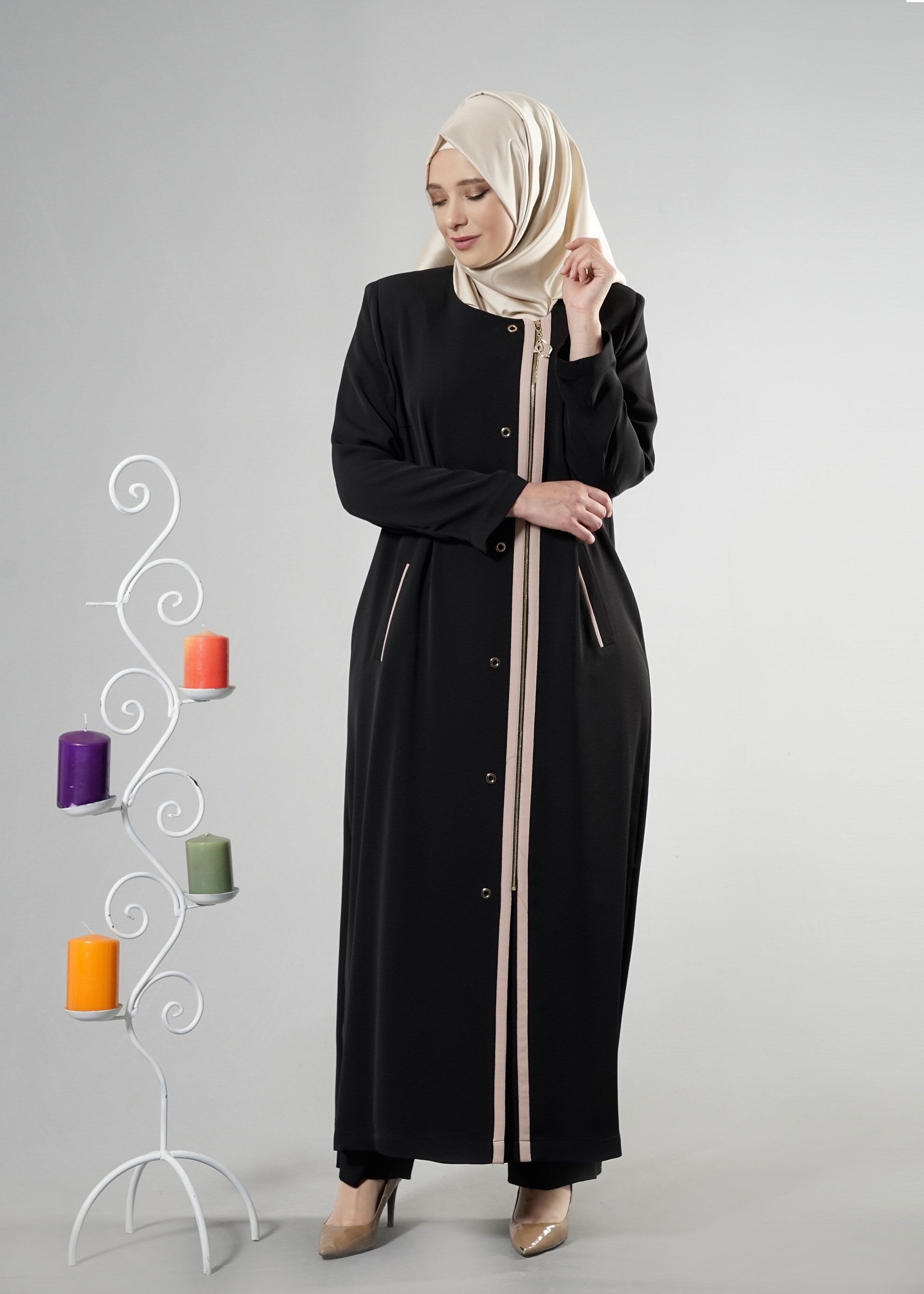 Tesettür giyim SİYAH FERMUARLI PARDESÜ 1818