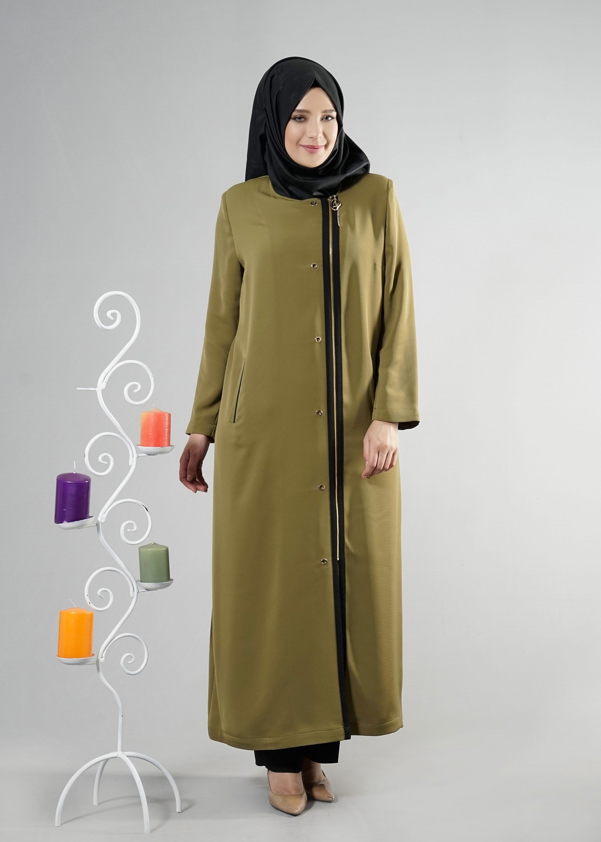 Tesettür giyim YEŞİL FERMUARLI PARDESÜ 1818