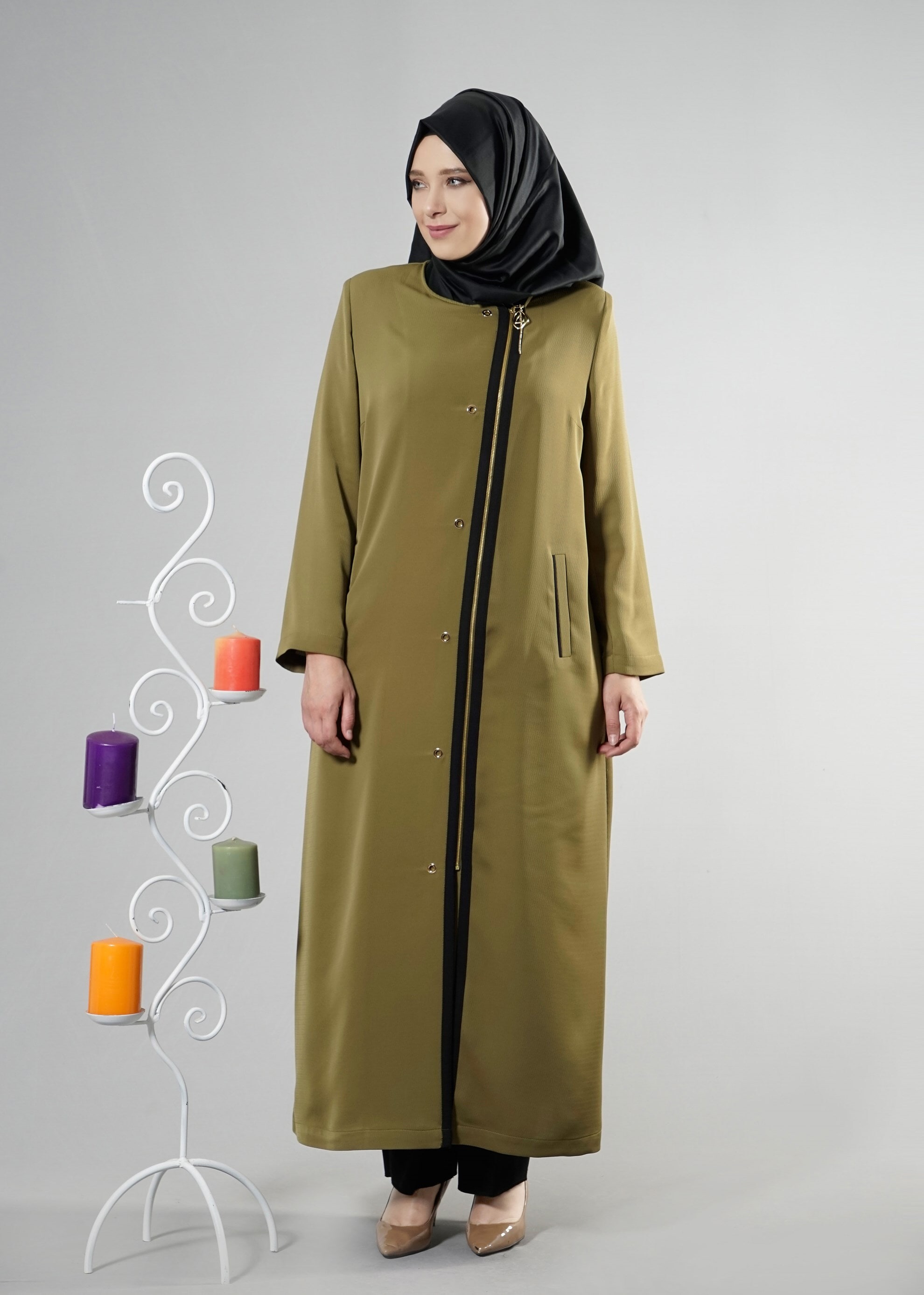 Tesettür giyim YEŞİL FERMUARLI PARDESÜ 1818