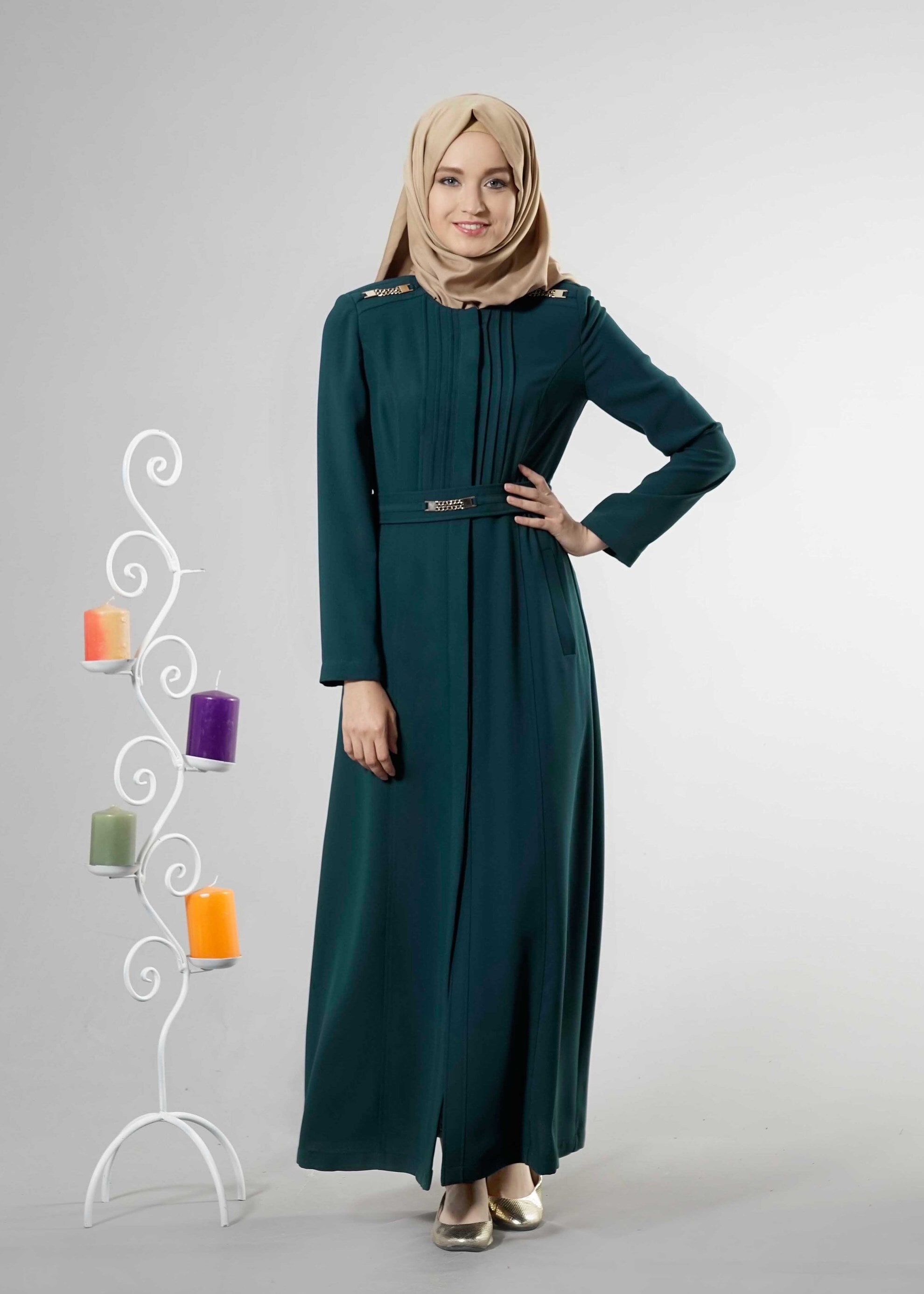 Tesettür giyim YEŞİL 1833 Elvan Tesettür 3731 Pardesü 38/48 TEK40