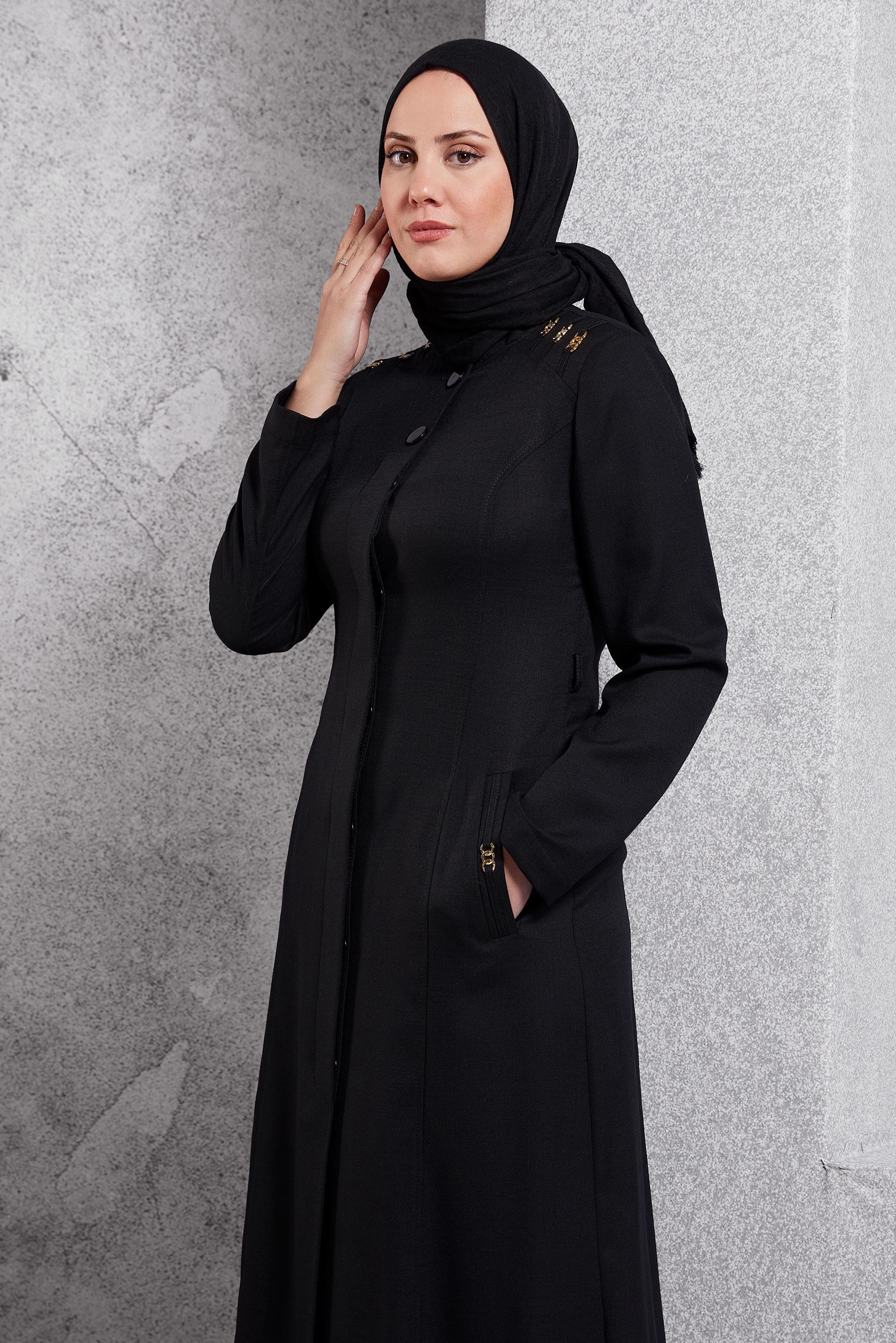 Tesettür giyim SİYAH HAKİM YAKA PARDESÜ 1834