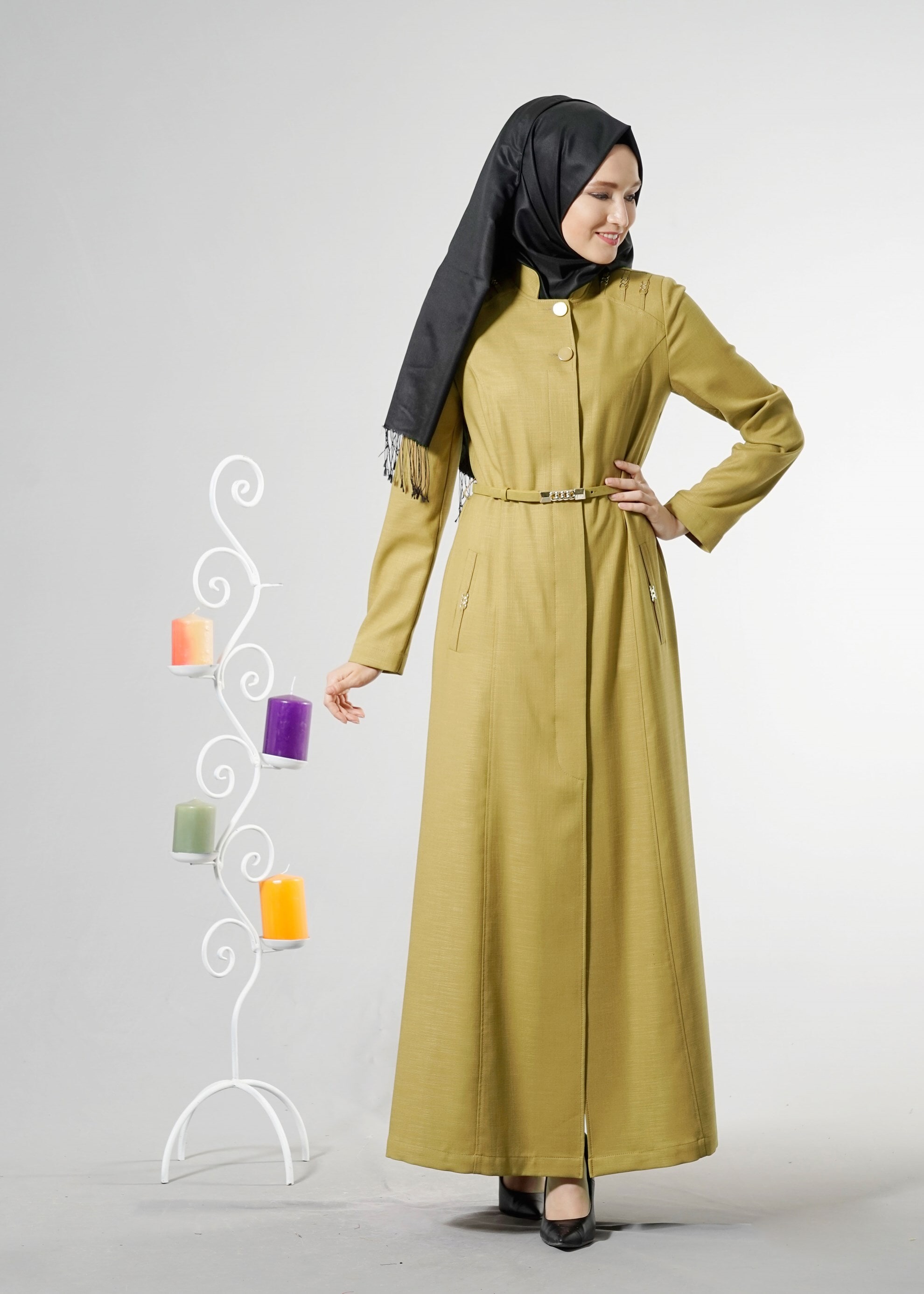 Tesettür giyim YEŞİL HAKİM YAKA PARDESÜ 1834