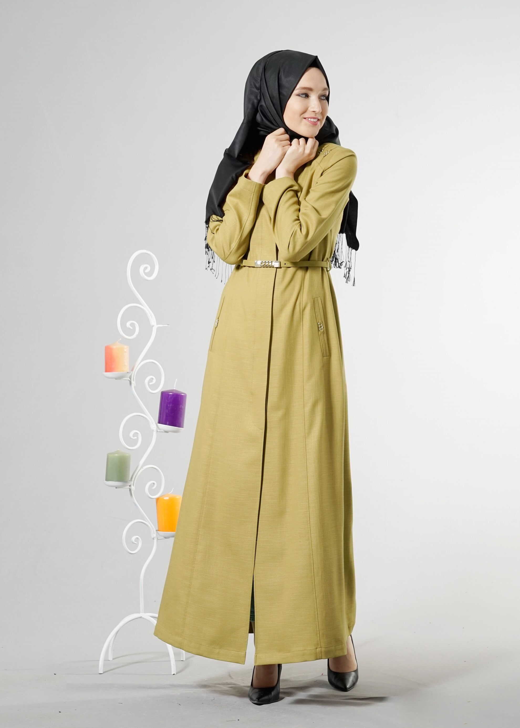 Tesettür giyim YEŞİL HAKİM YAKA PARDESÜ 1834