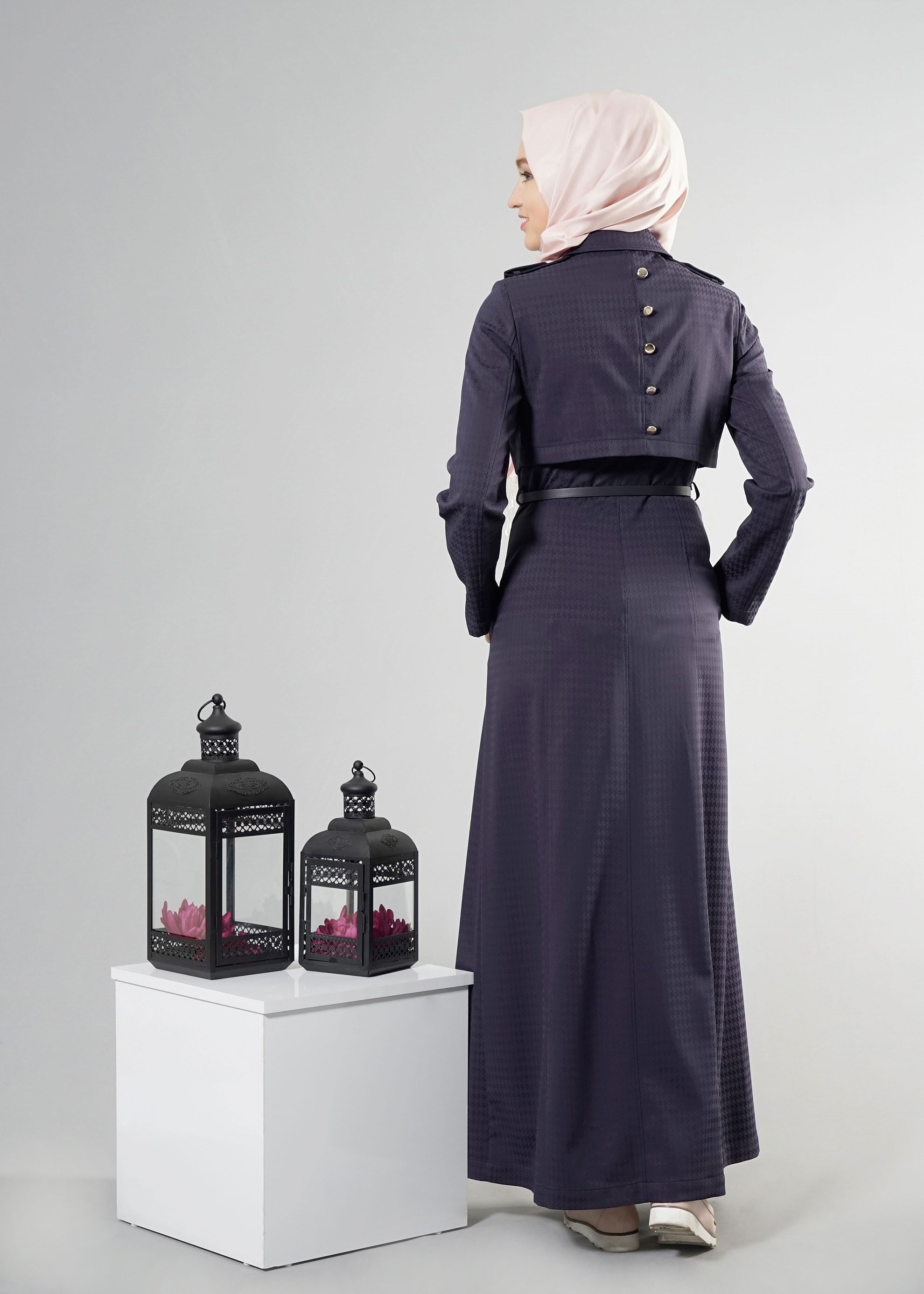 Tesettür giyim LACİVERT DÜĞME DETAYLI KAZAYAĞI DESEN PARDESÜ 1835 