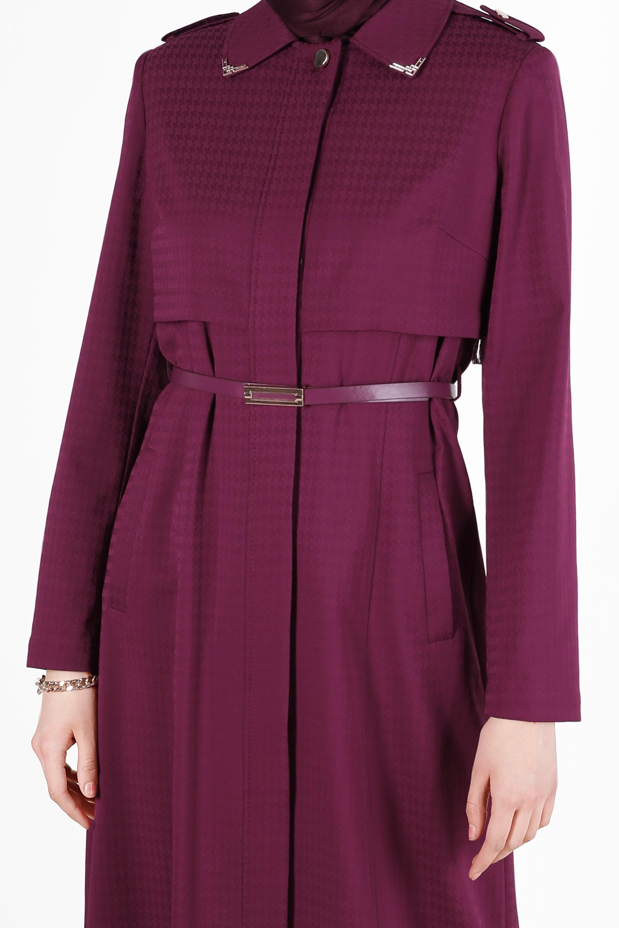 Tesettür giyim MOR DÜĞME DETAYLI KAZAYAĞI DESEN PARDESÜ 1835 