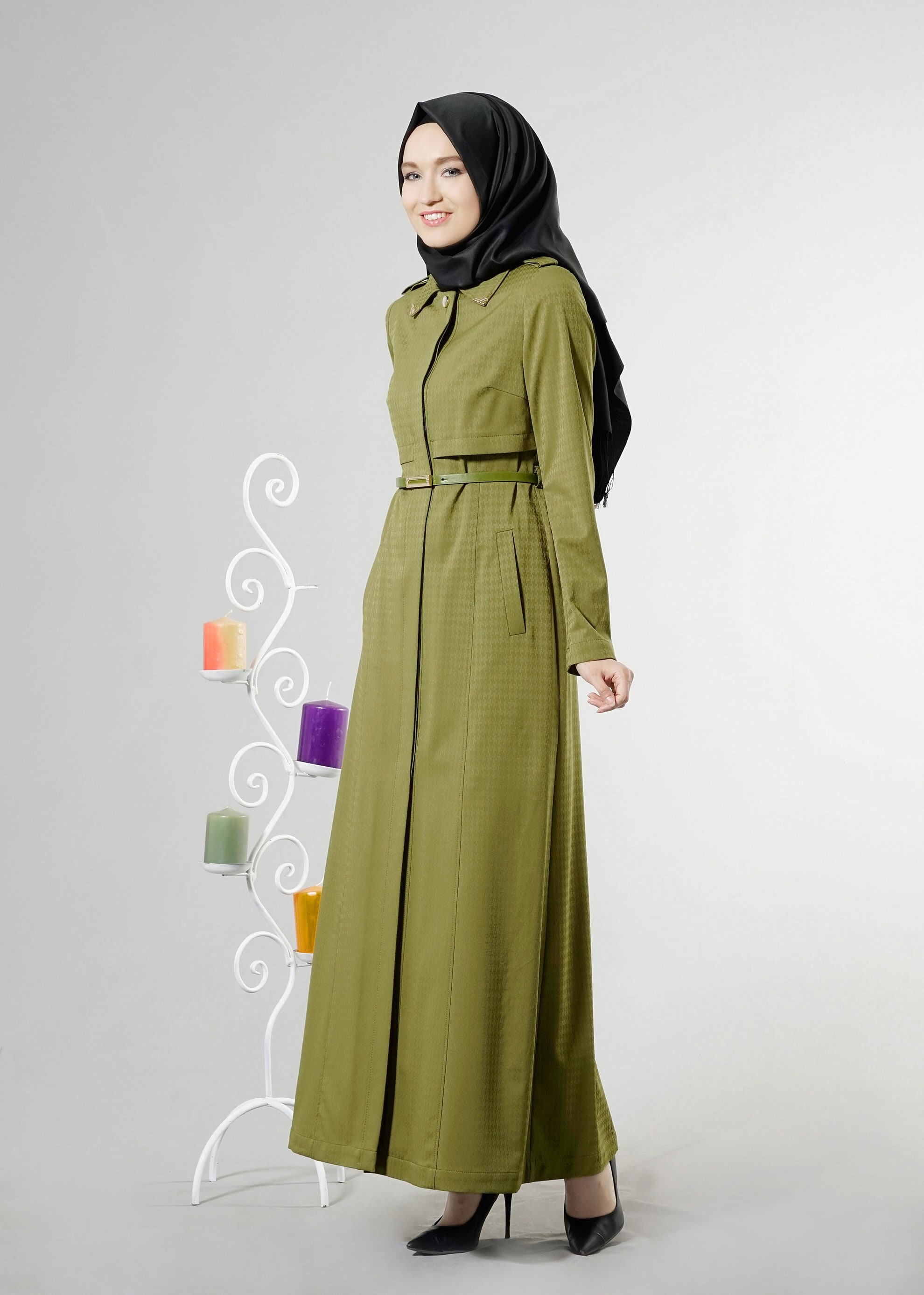 Tesettür giyim YEŞİL DÜĞME DETAYLI KAZAYAĞI DESEN PARDESÜ 1835 