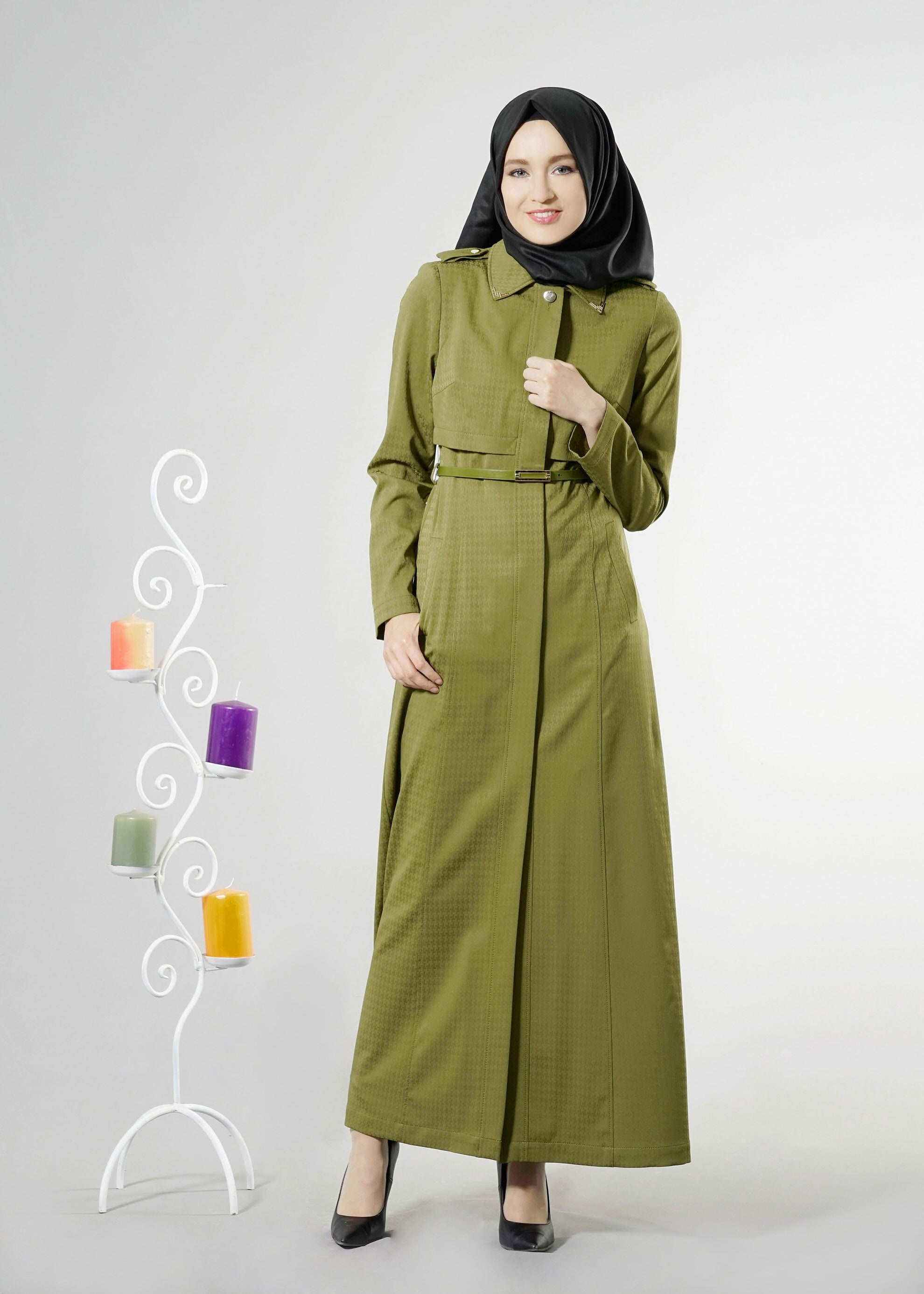 Tesettür giyim YEŞİL DÜĞME DETAYLI KAZAYAĞI DESEN PARDESÜ 1835 