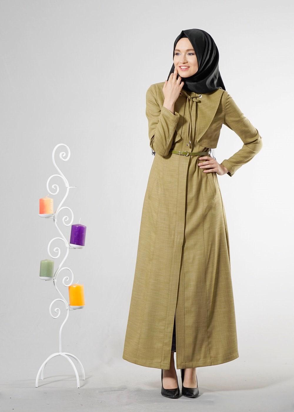 Tesettür giyim YEŞİL BAĞLAMA DETAYLI PARDESÜ 1837