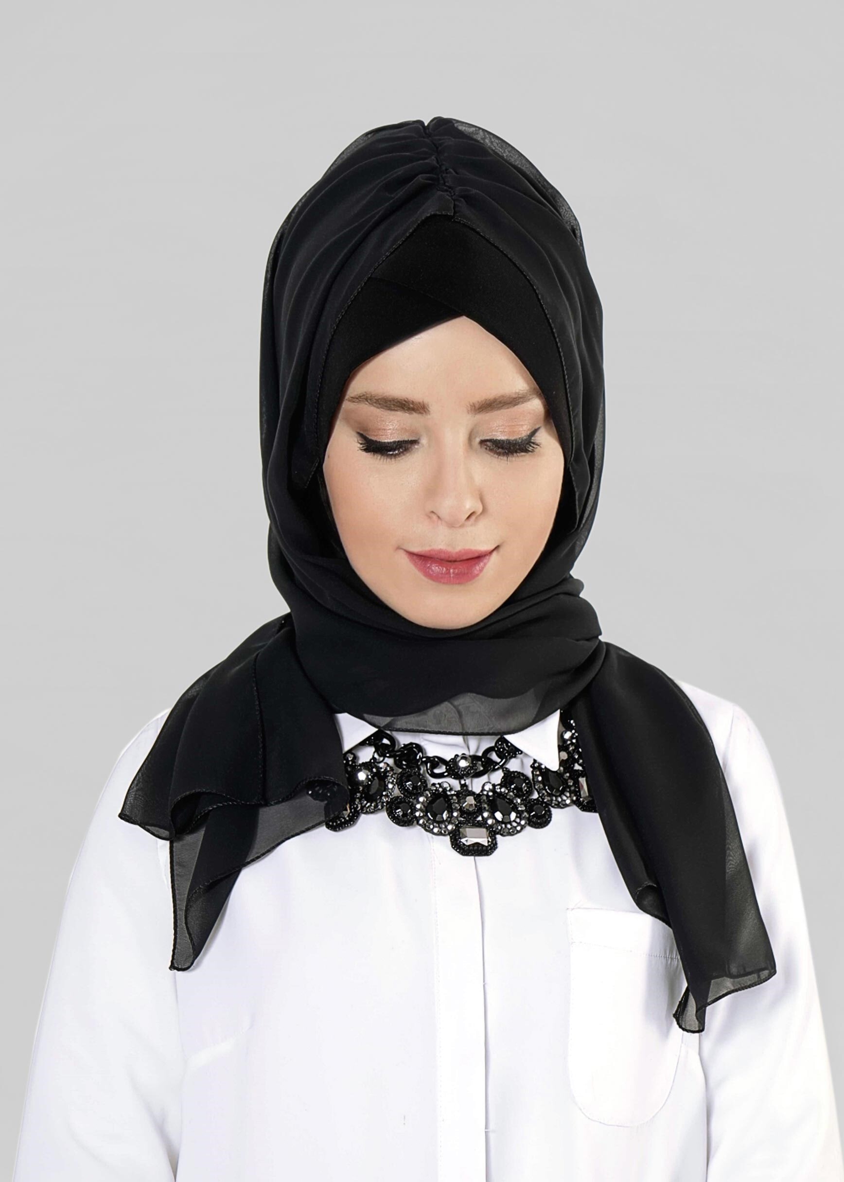 Tesettür giyim SİYAH 9632-1 ALVİNA PLİSELİ BONELİ ŞAL