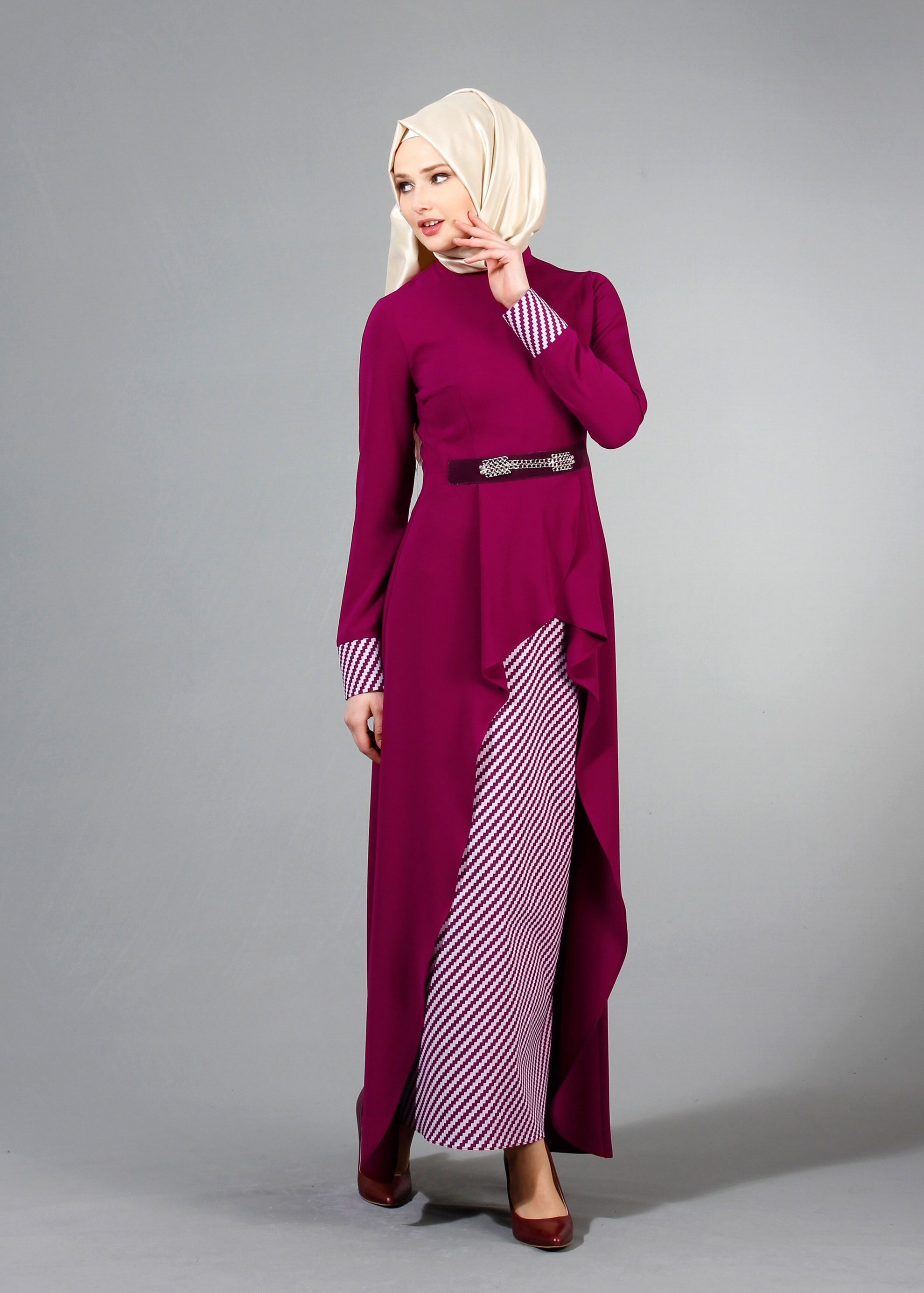 Tesettür giyim BORDO 3162E Farah 2&prime;li Tesettür Etekli Takım 38/44 TEK40
