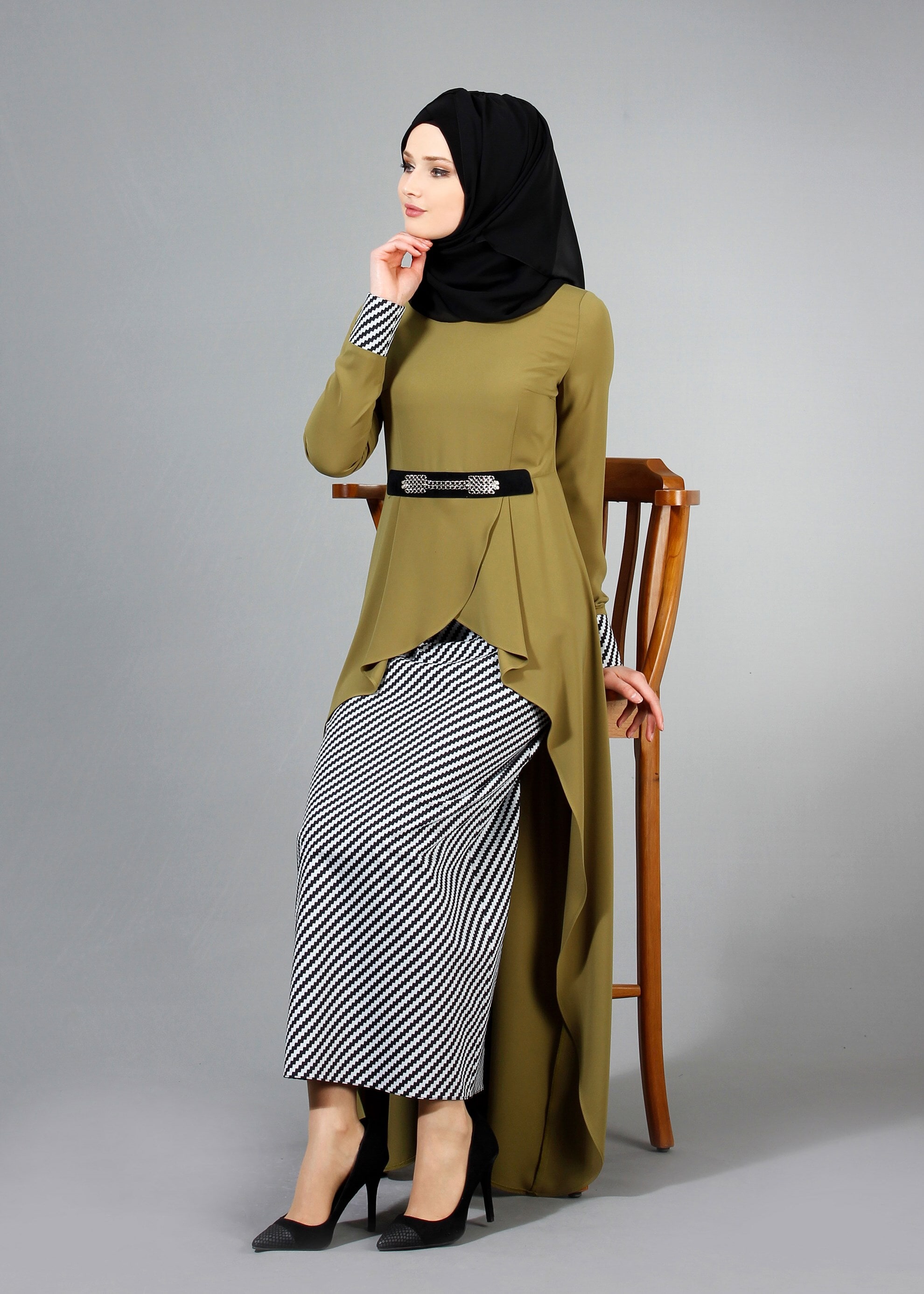 Tesettür giyim YEŞİL 3162E Farah 2&prime;li Tesettür Etekli Takım 38/44 TEK40