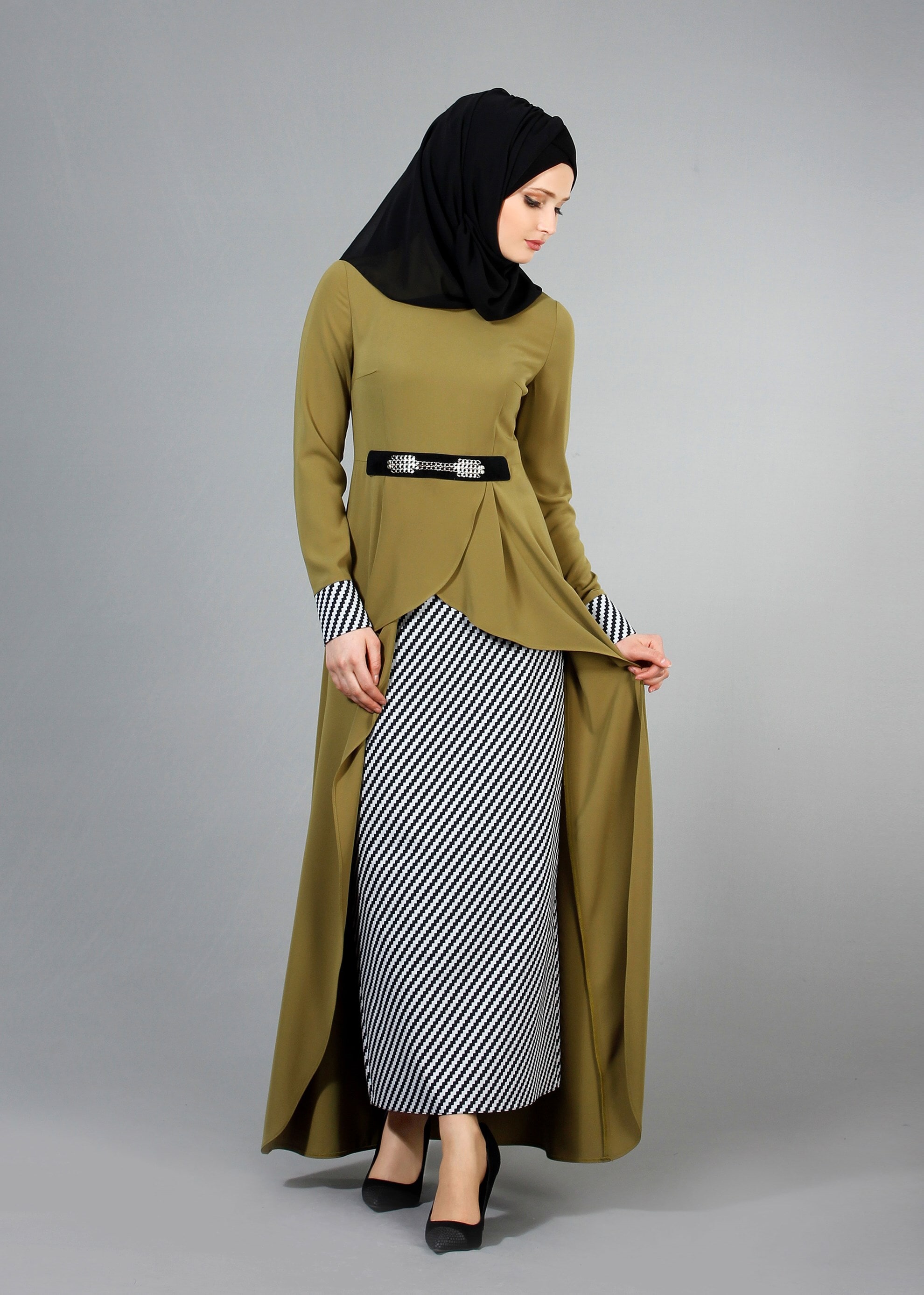 Tesettür giyim YEŞİL 3162E Farah 2&prime;li Tesettür Etekli Takım 38/44 TEK40