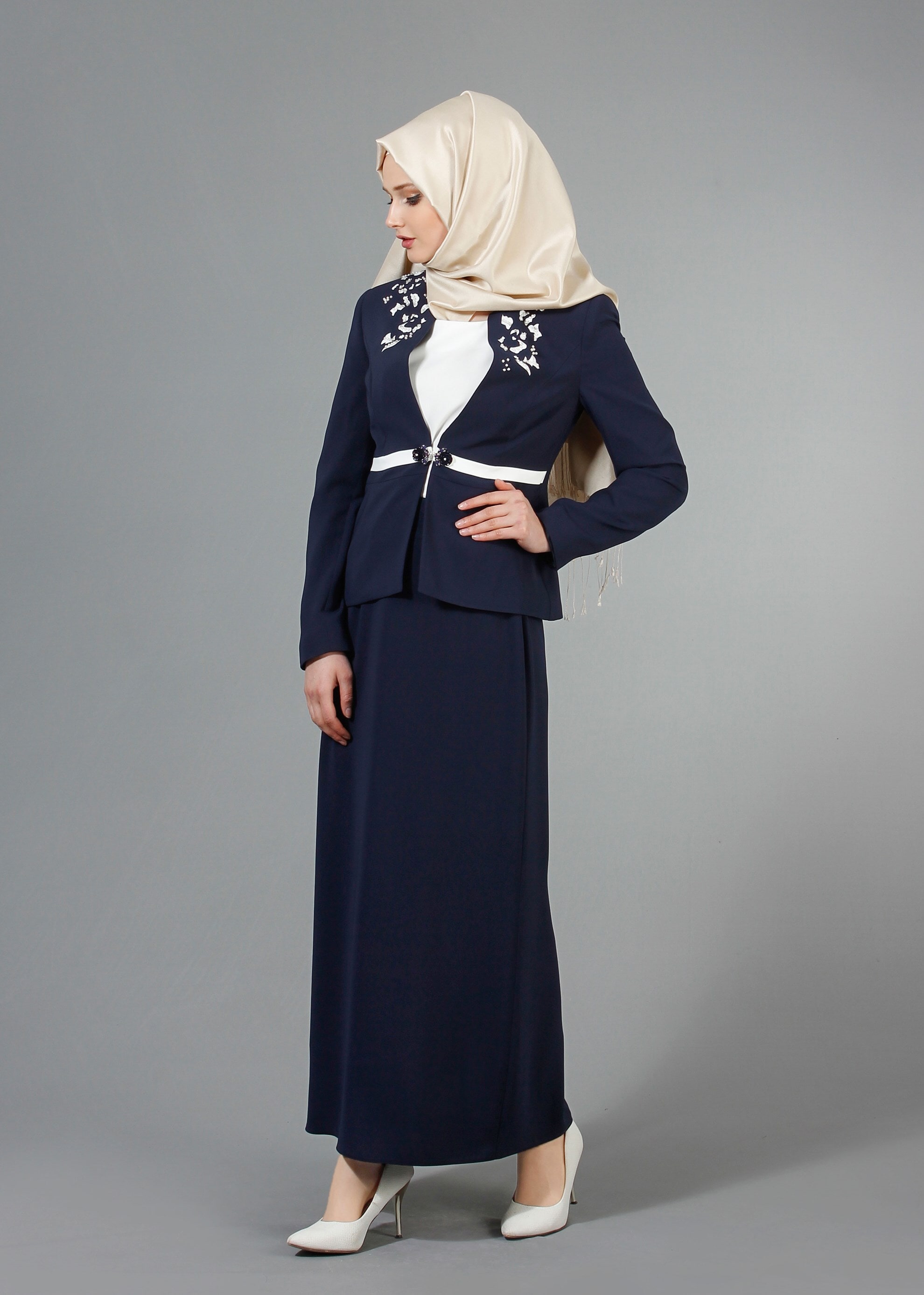 Tesettür giyim LACİVERT 3229E Farah 6288 3&prime;lü Tesettür Etekli Takım 40/48