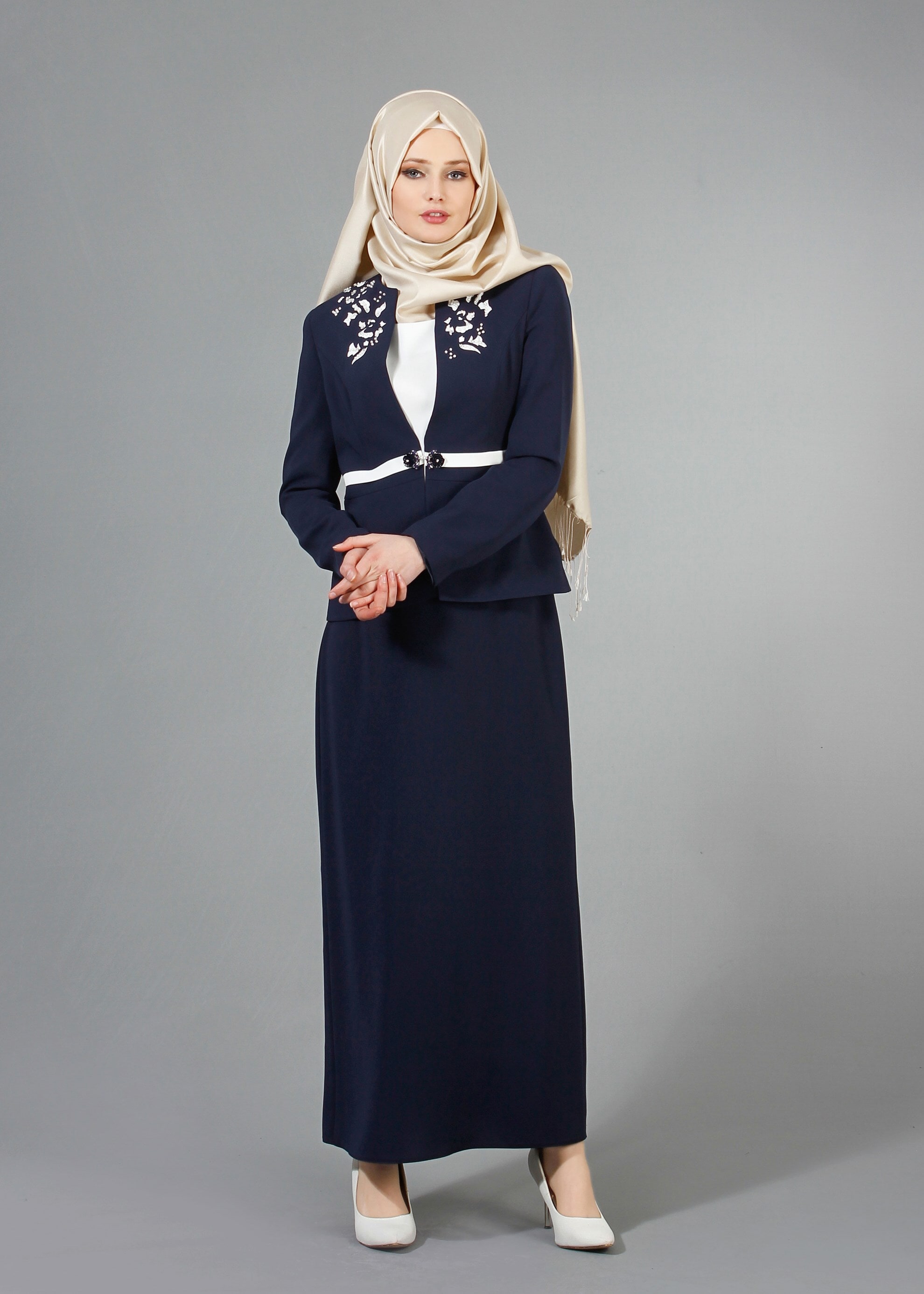 Tesettür giyim LACİVERT 3229E Farah 6288 3&prime;lü Tesettür Etekli Takım 40/48