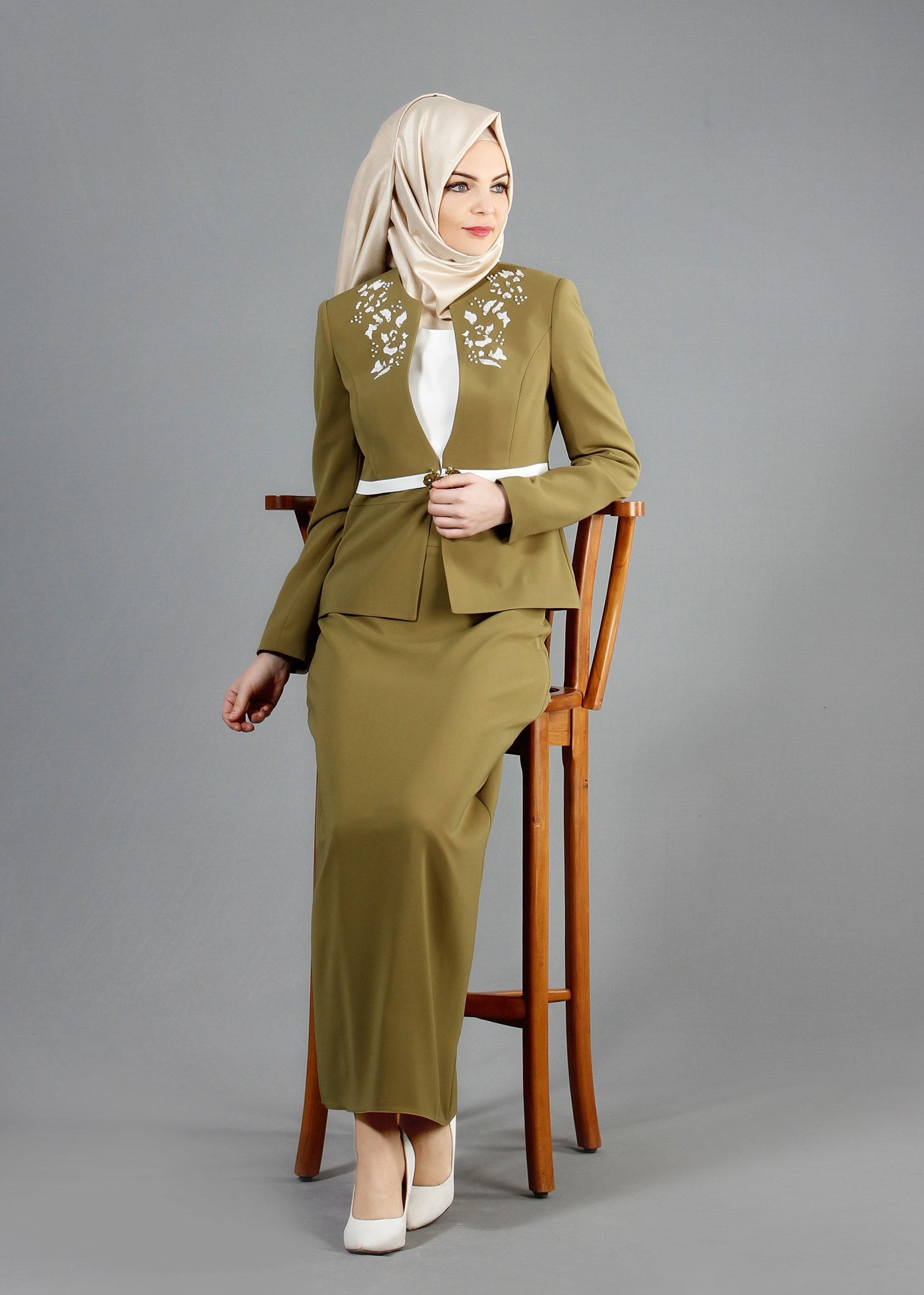 Tesettür giyim YEŞİL 3229E Farah 6288 3′lü Tesettür Etekli Takım 40/48