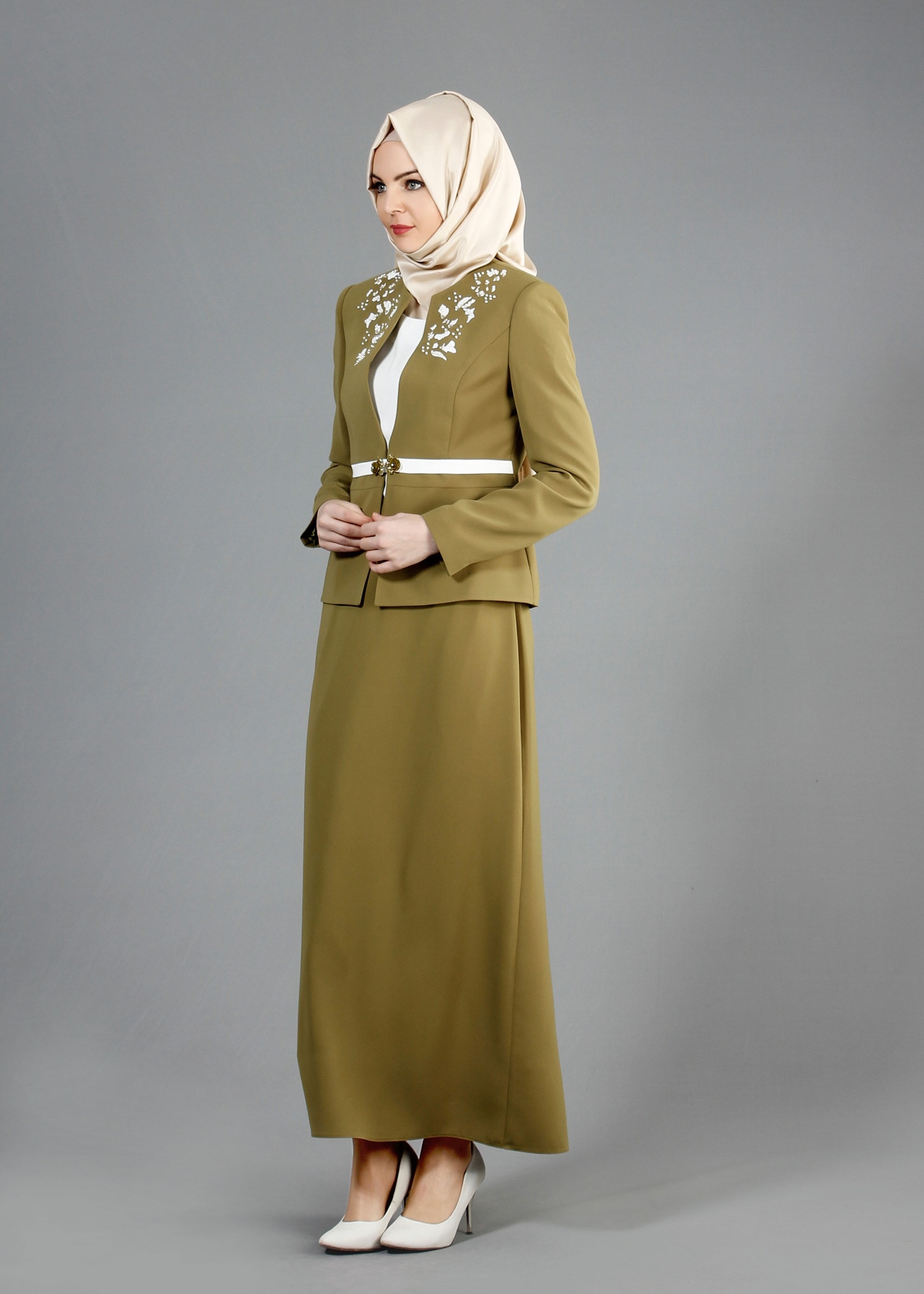 Tesettür giyim YEŞİL 3229E Farah 6288 3′lü Tesettür Etekli Takım 40/48