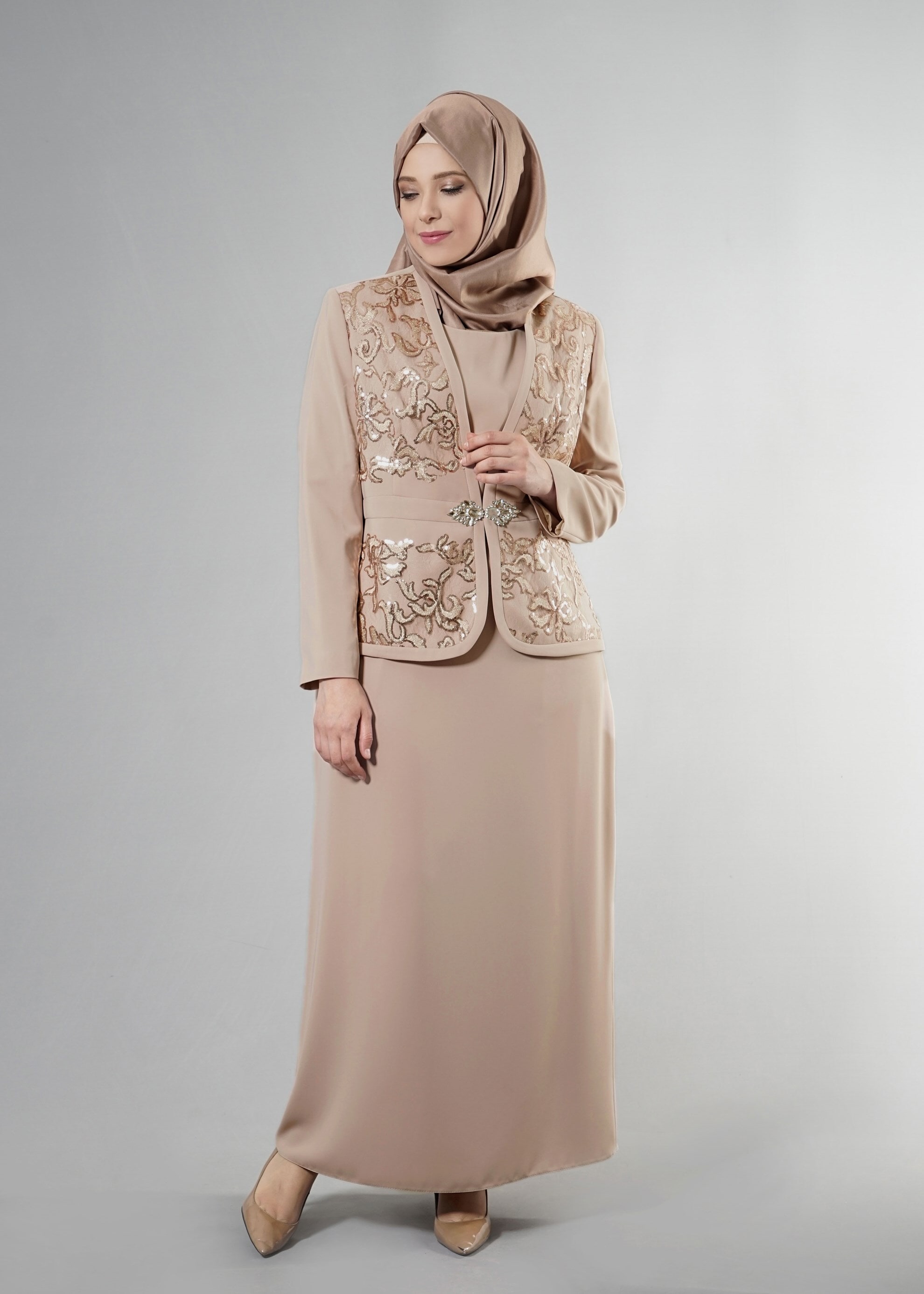 Hijab clothing BEIGE 3234E Farah Tesettür 6288 3&prime;Lü Etekli Takım 42/48 TEK40
