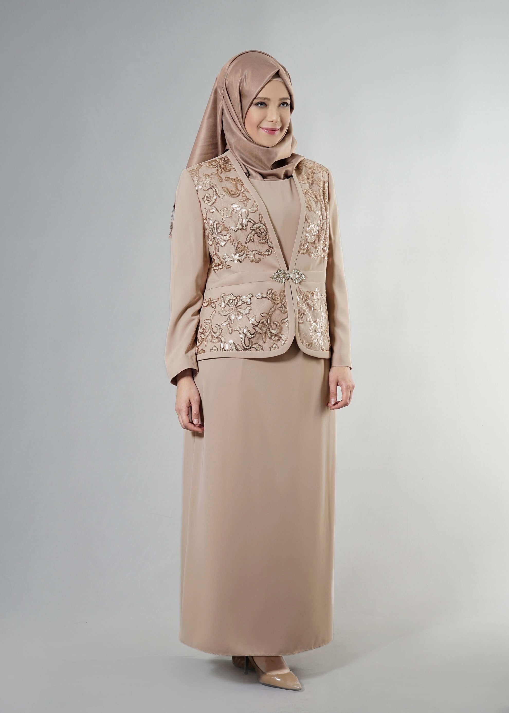 Hijab clothing BEIGE 3234E Farah Tesettür 6288 3&prime;Lü Etekli Takım 42/48 TEK40