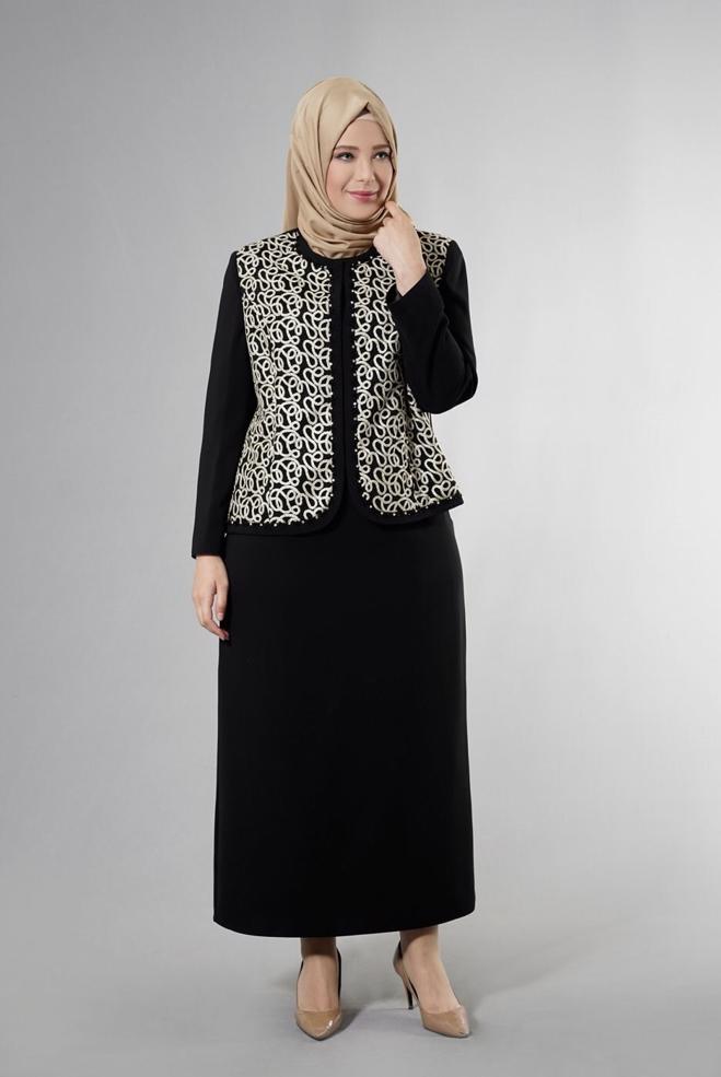 Hijab clothing BLACK 3240E Farah 6288 Tesettür 3&prime;Lü Etekli Takım 46/52 TEK44 - ALVİNA