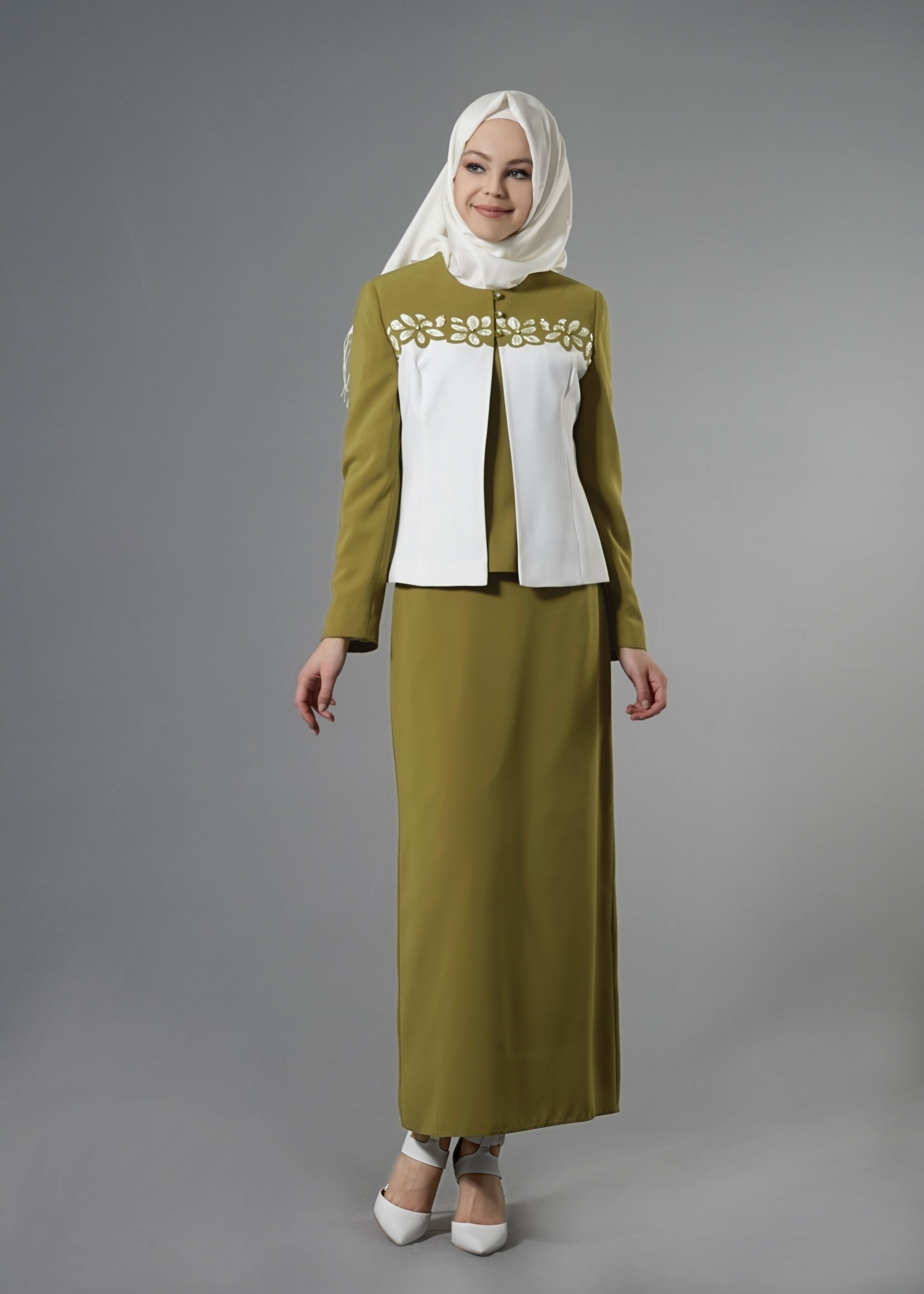 Tesettür giyim YEŞİL 3244E Farah Tesettür 6288 3′lü Etekli Takım 40/46 TEK38