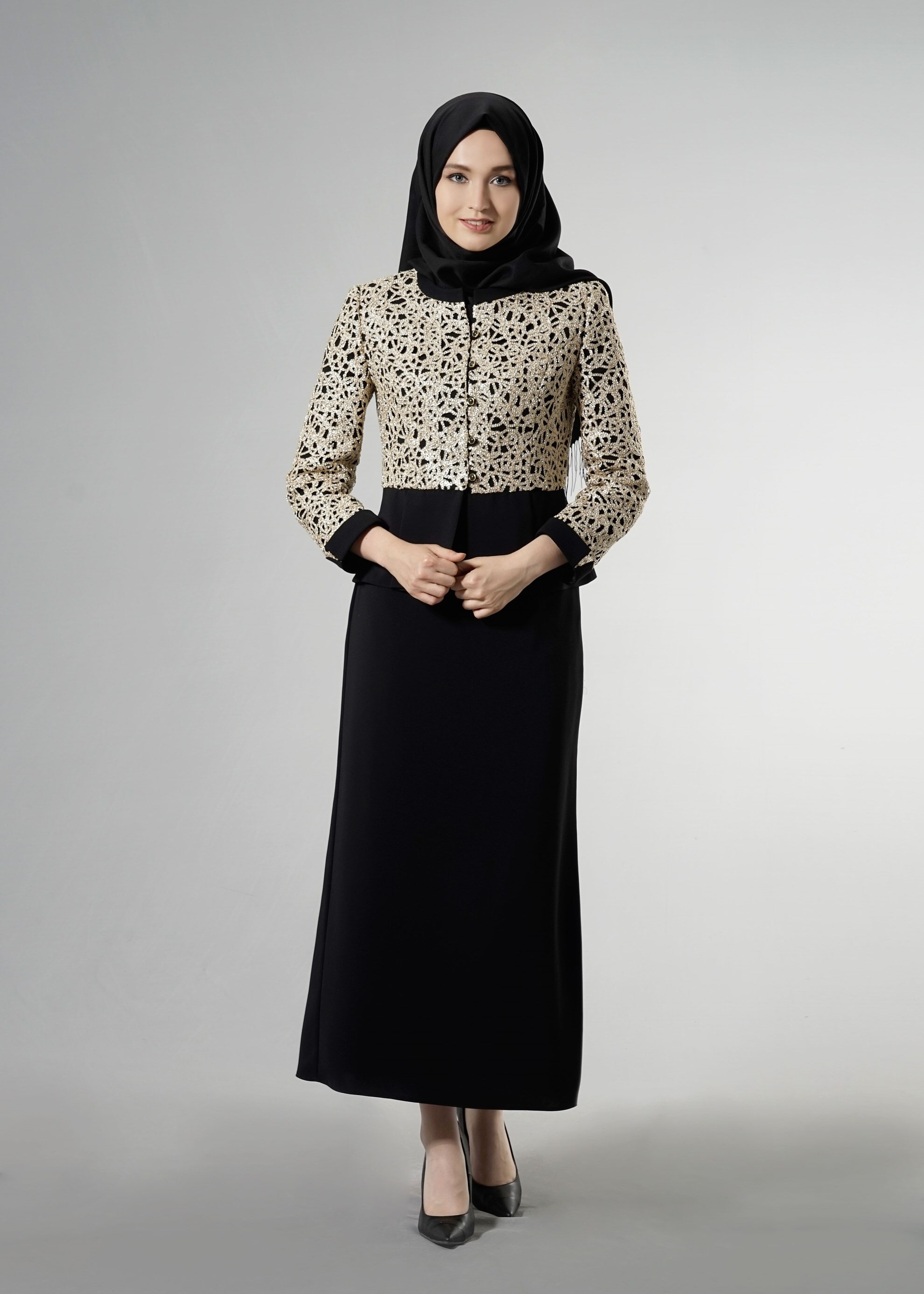 Tesettür giyim SİYAH 3245  Kiwon Tesettür 2&prime;li Etekli Takım 38/44