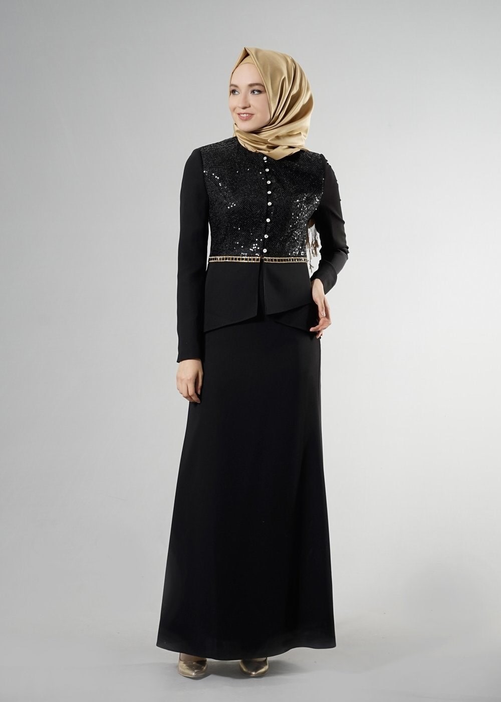 Tesettür giyim SİYAH 3253E Aslı 5929 2&prime;Li Tesettür Etekli Takım 38/46