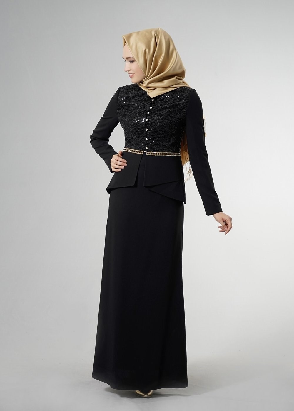 Tesettür giyim SİYAH 3253E Aslı 5929 2&prime;Li Tesettür Etekli Takım 38/46