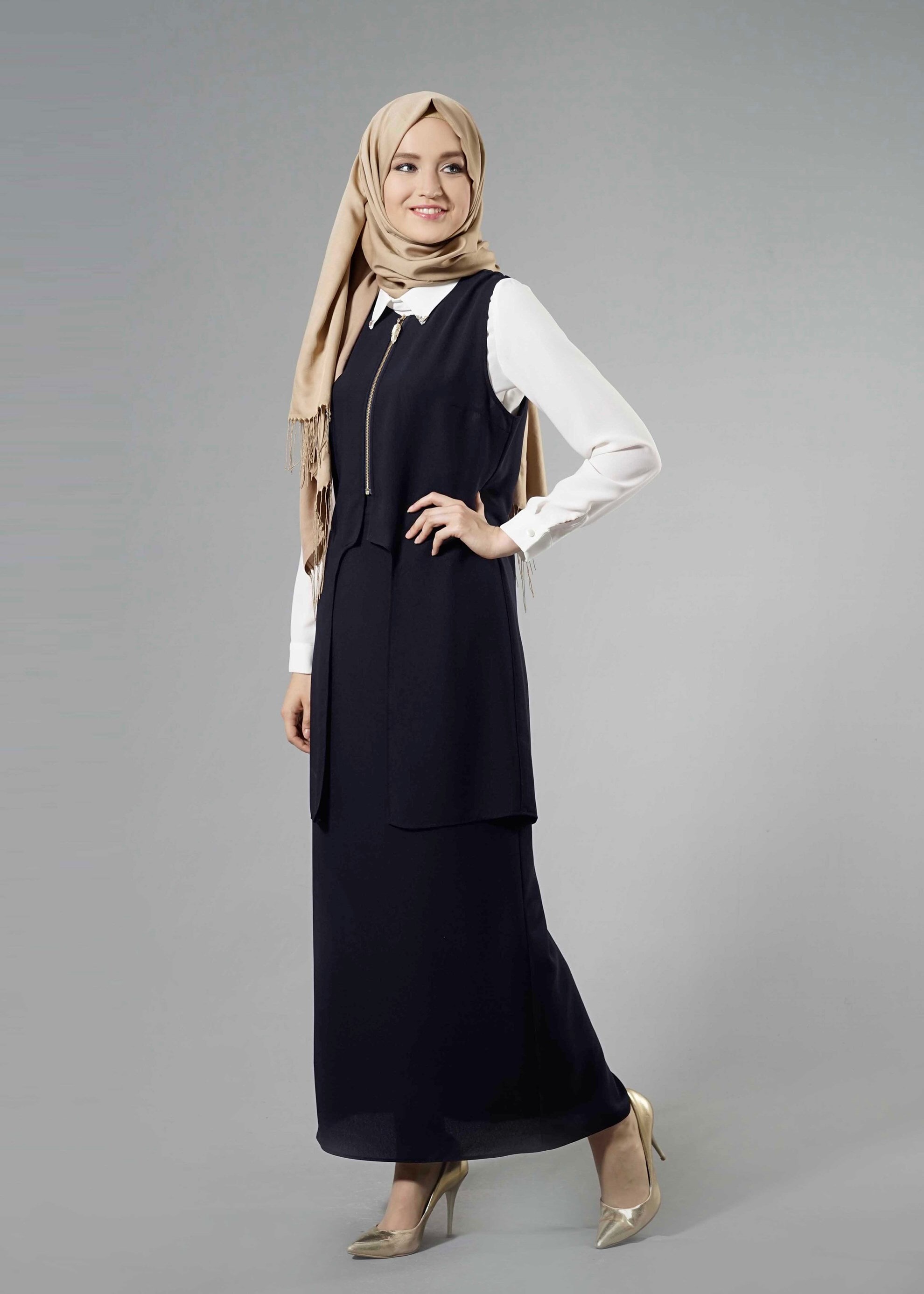 Tesettür giyim LACİVERT 3291 Nil Crep Tesettür 3&prime;Lü Etekli Takım 38/46 TEK40