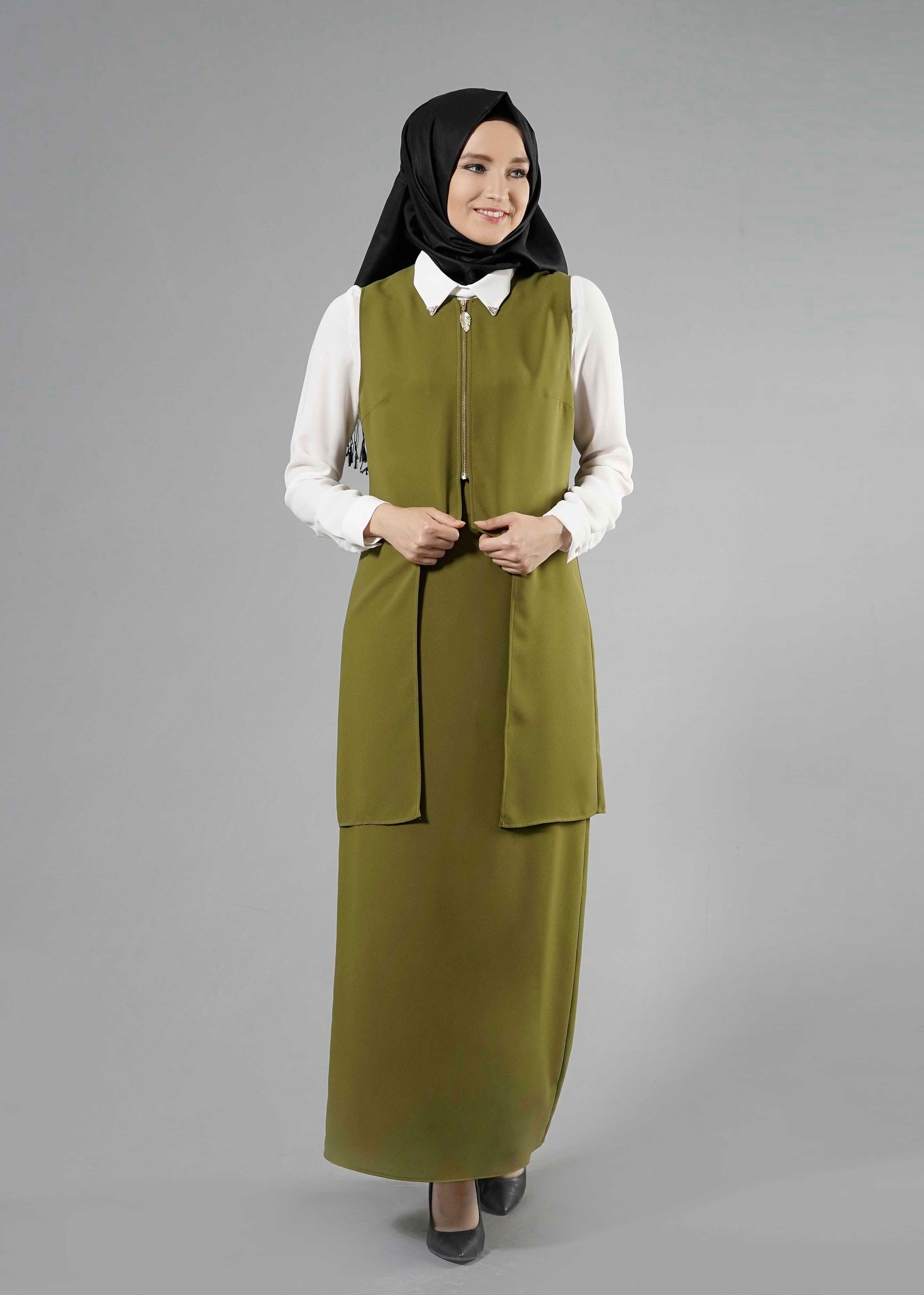 Tesettür giyim YEŞİL 3291 Nil Crep Tesettür 3&prime;Lü Etekli Takım 38/46 TEK40