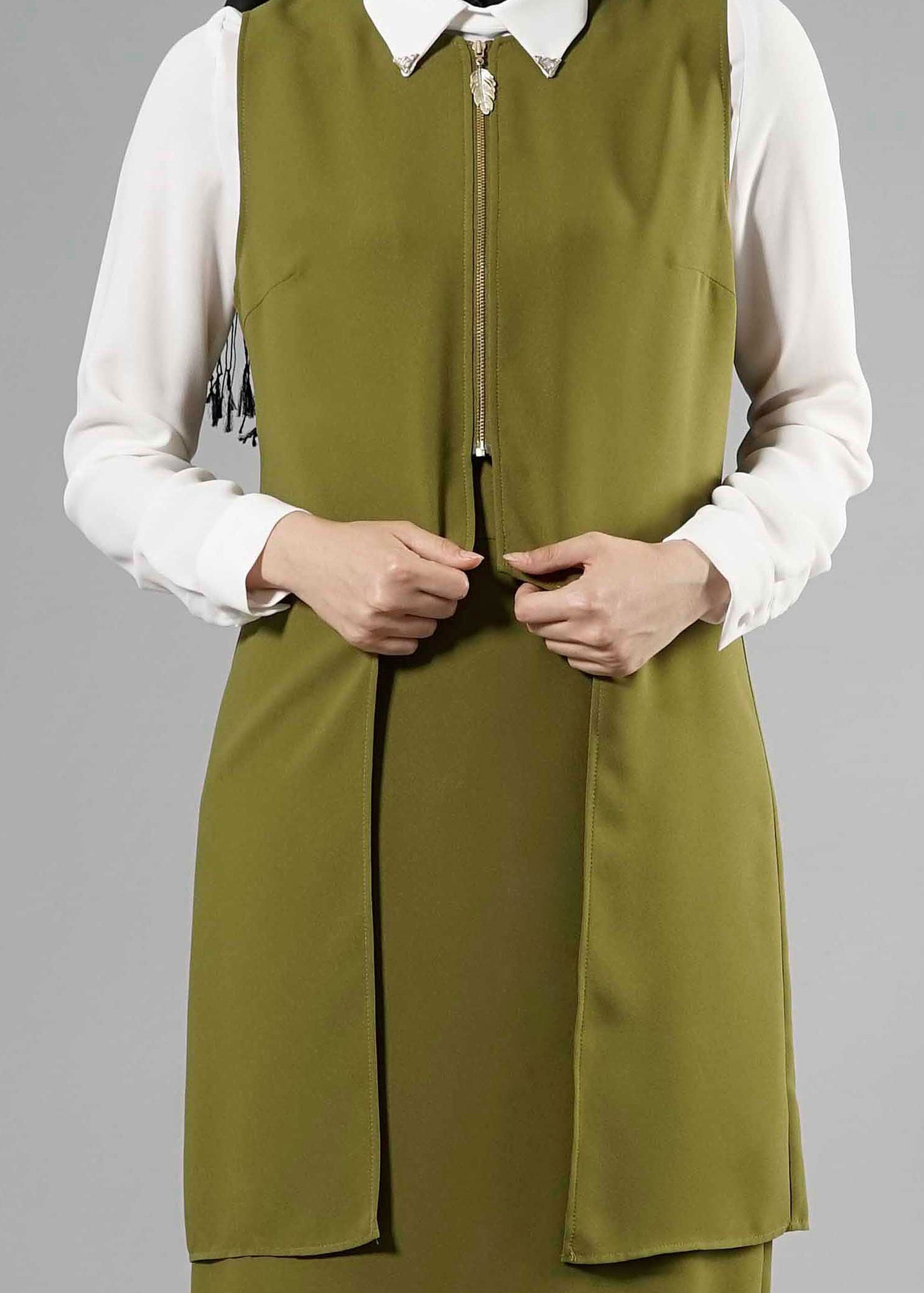 Tesettür giyim YEŞİL 3291 Nil Crep Tesettür 3&prime;Lü Etekli Takım 38/46 TEK40