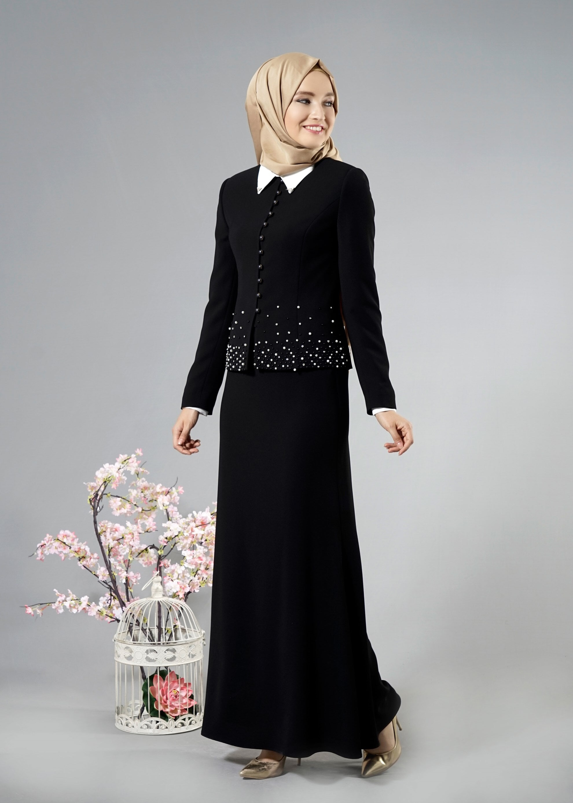 Tesettür giyim SİYAH 3292 Maral Tesettür 5985 3&prime;lü  Etekli Takım 38/46 TEK42