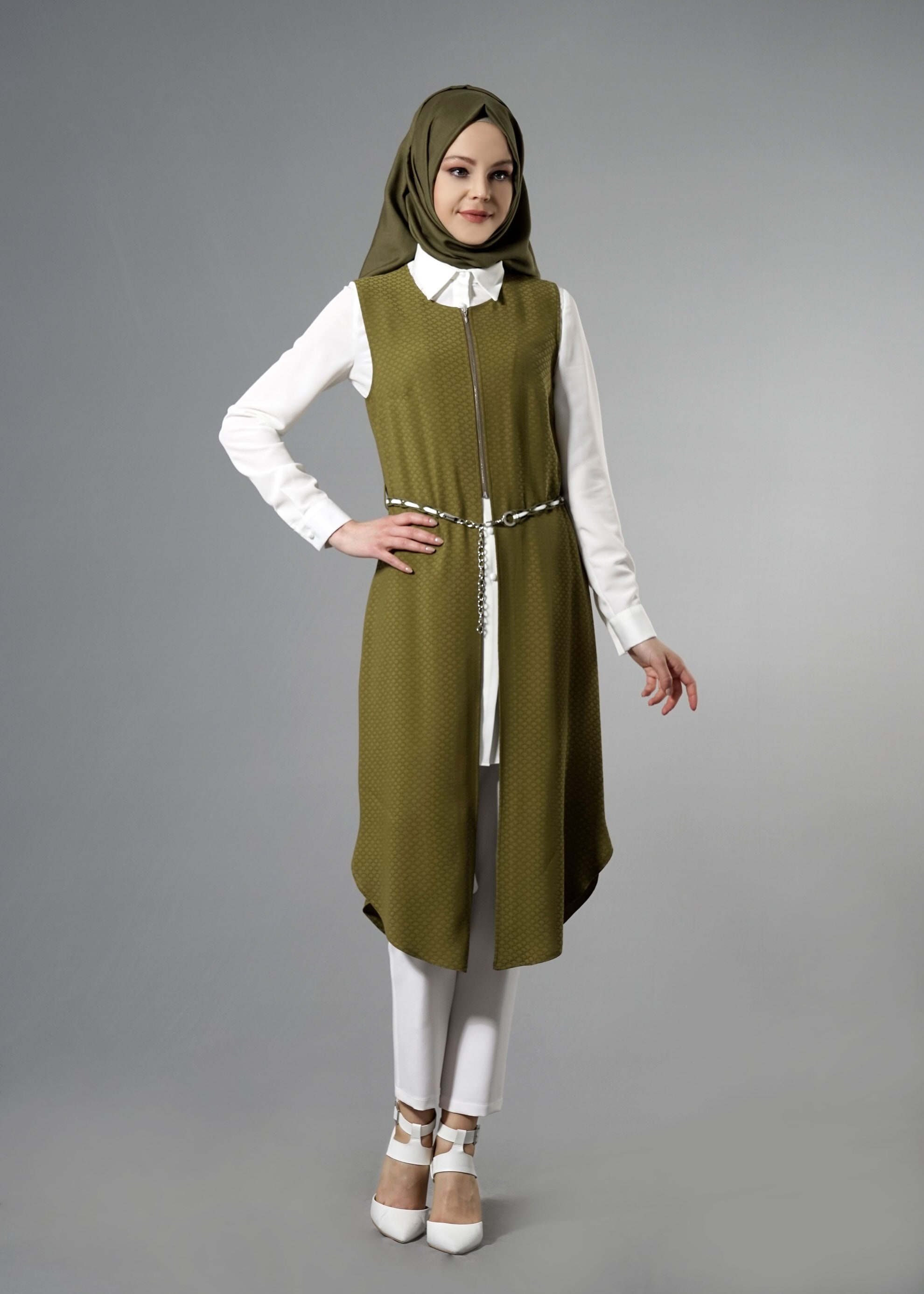 Tesettür giyim HAKİ 3218P Jakar Tesettür 035 3&prime;lü Pant.Takım 38/46 TEK40