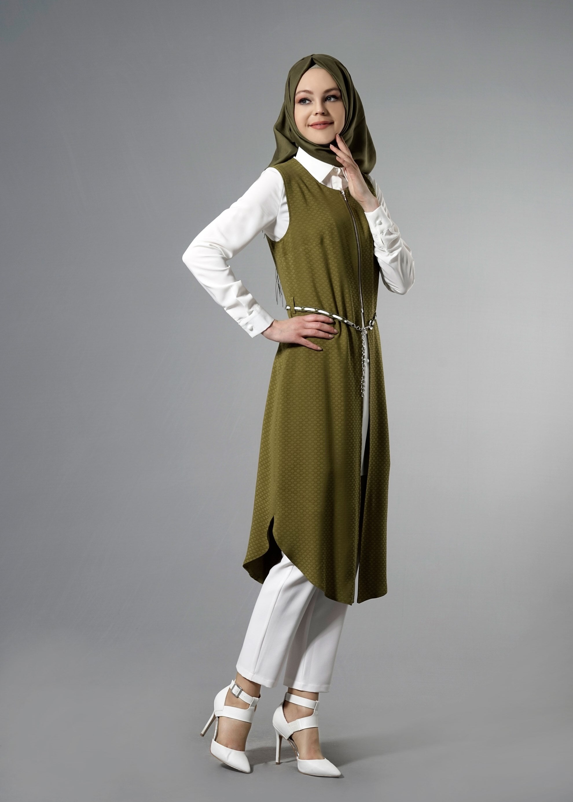 Tesettür giyim HAKİ 3218P Jakar Tesettür 035 3&prime;lü Pant.Takım 38/46 TEK40