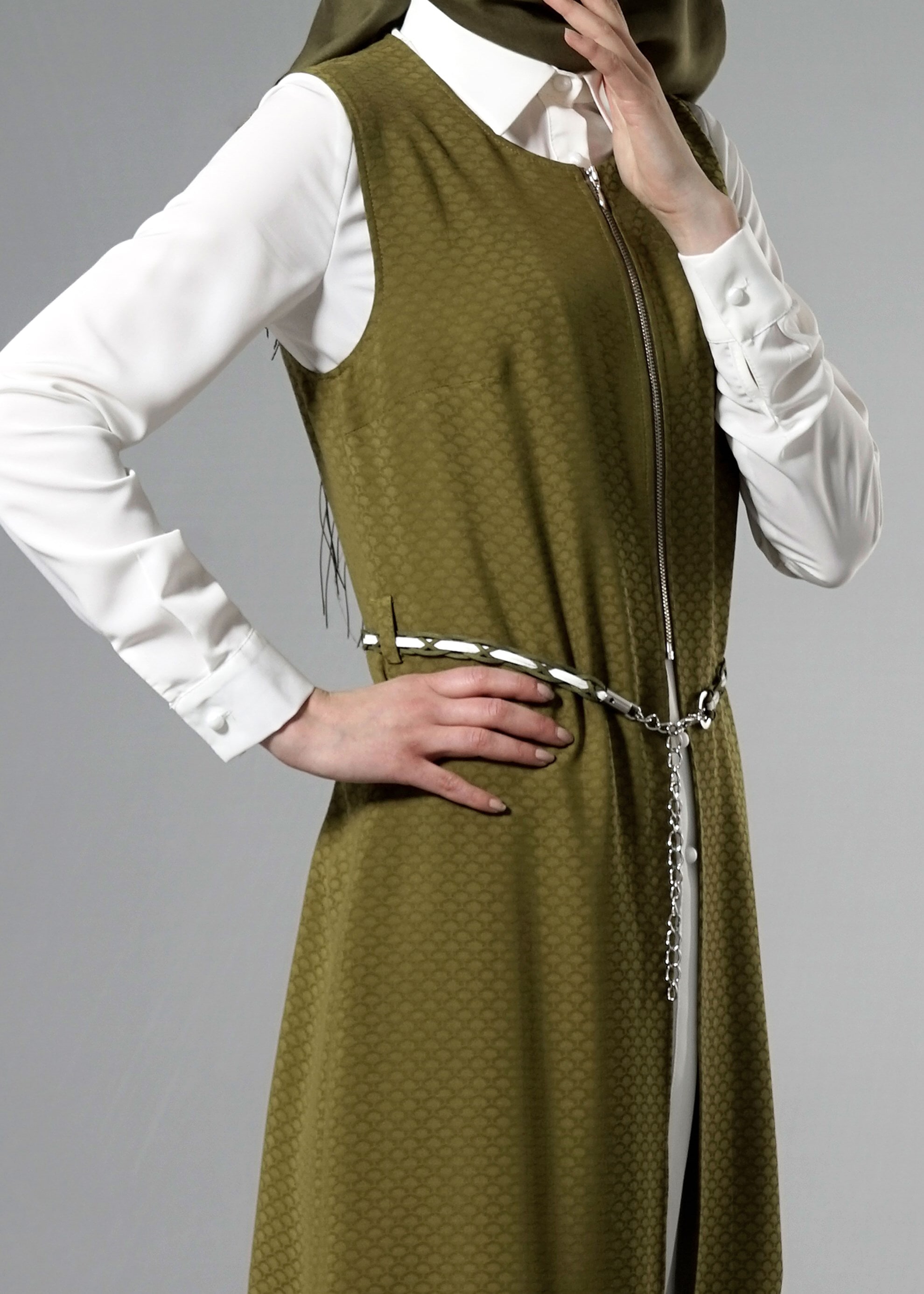 Tesettür giyim HAKİ 3218P Jakar Tesettür 035 3&prime;lü Pant.Takım 38/46 TEK40