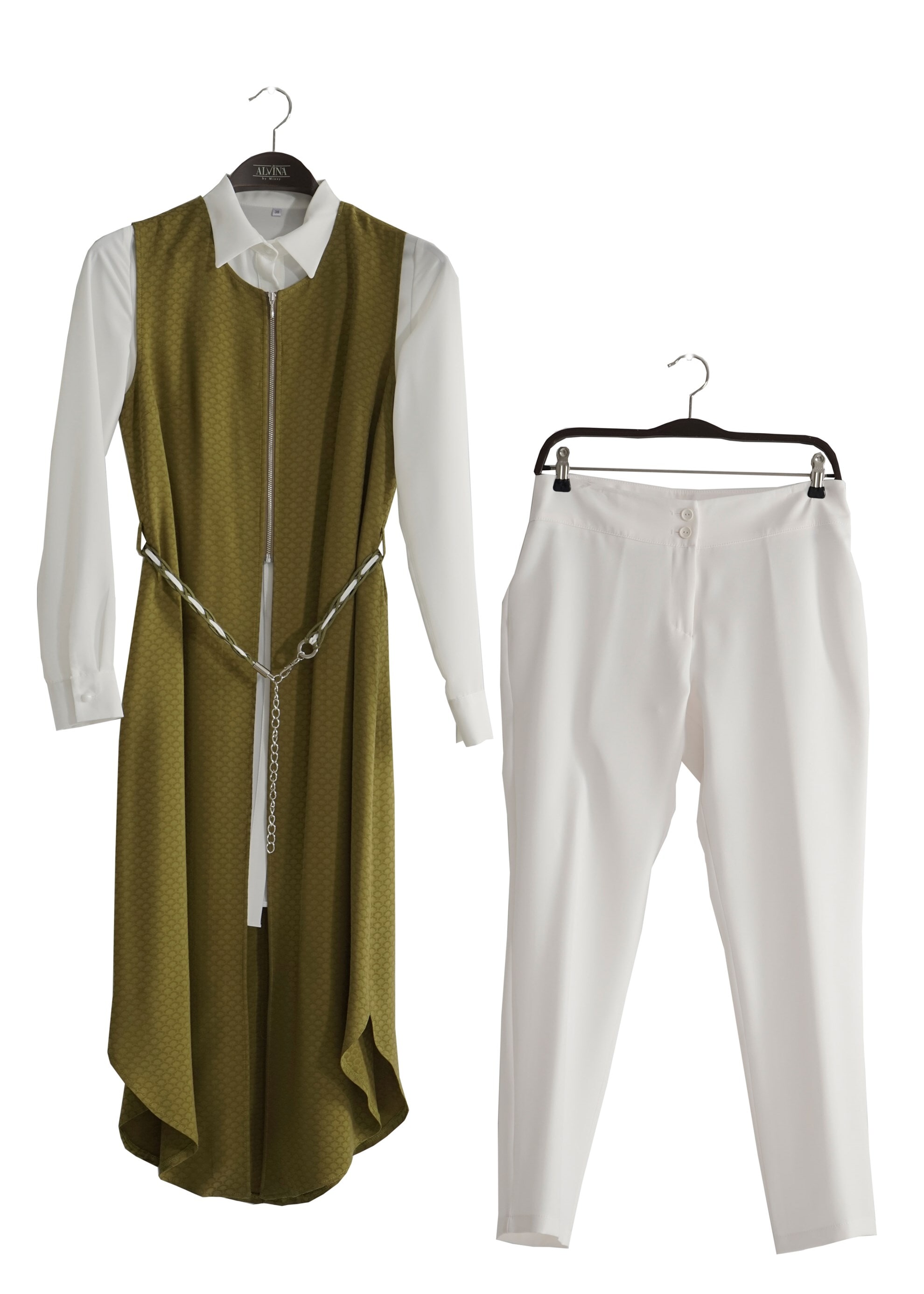 Tesettür giyim HAKİ 3218P Jakar Tesettür 035 3&prime;lü Pant.Takım 38/46 TEK40