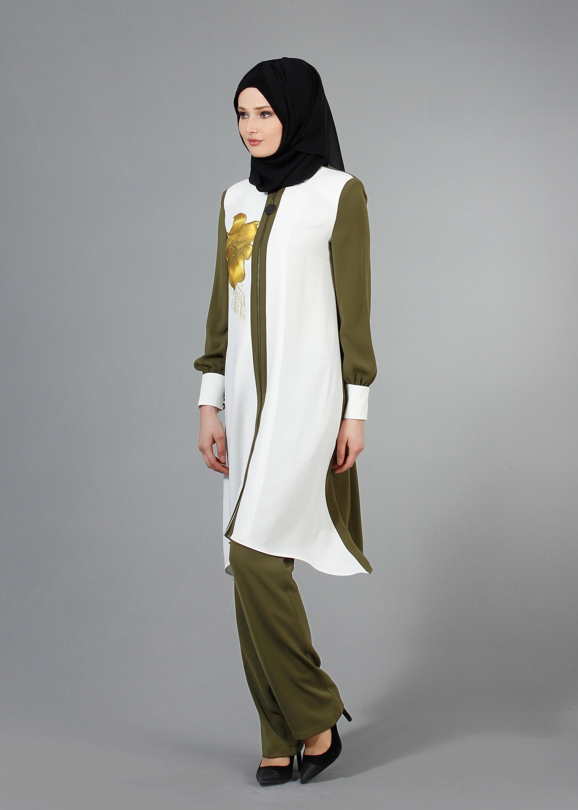 Tesettür giyim YEŞİL 3235P Virona 2&prime;li Tesettür Pant. Takım 38/46 TEK40