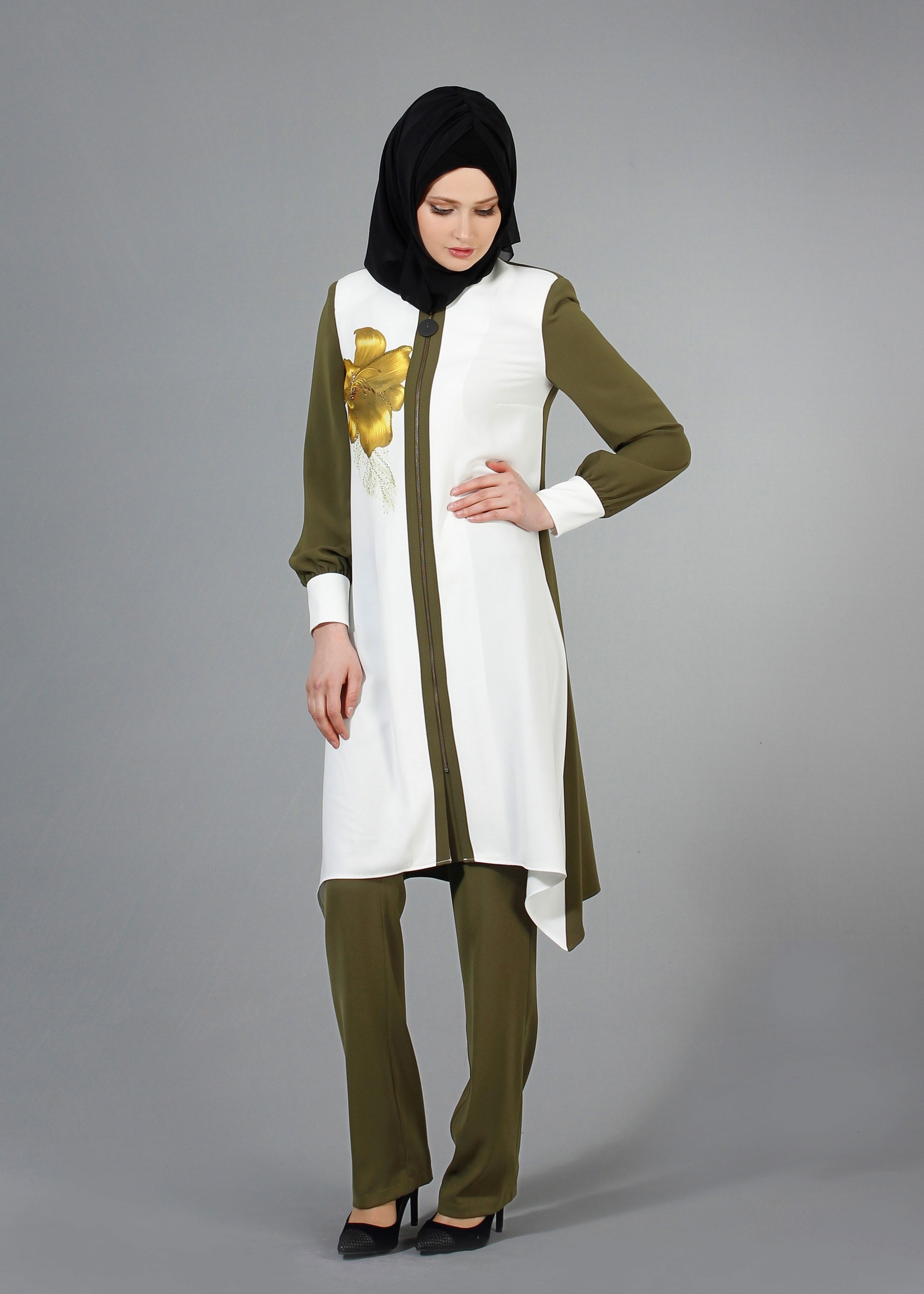 Tesettür giyim YEŞİL 3235P Virona 2&prime;li Tesettür Pant. Takım 38/46 TEK40