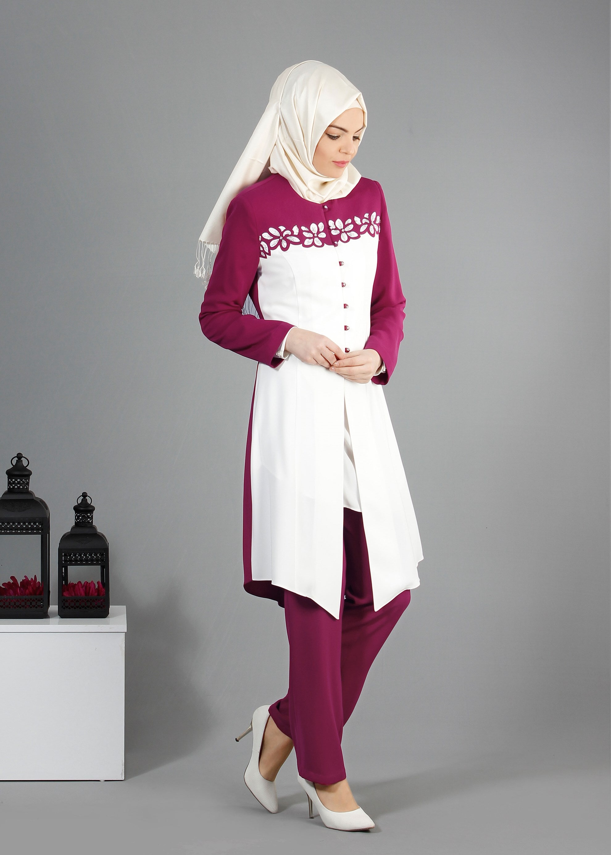 Tesettür giyim FUŞYA 3236P Farah 6288 3&prime;Lü Tesettür Pant. Takım 40/46 TEK38