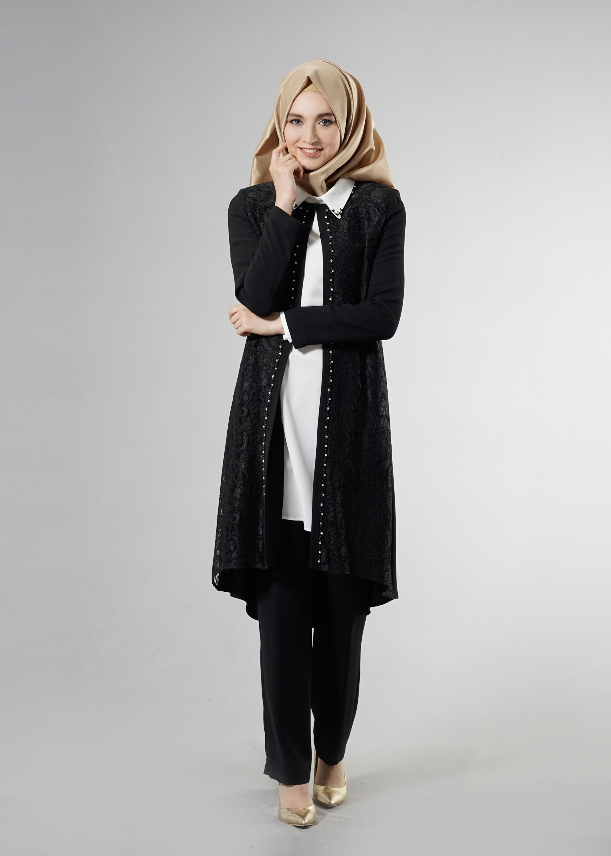 Tesettür giyim SİYAH 3243P Maral Tesettür 5985 3&prime;Lü Pant.Takım 40/48 TEK38