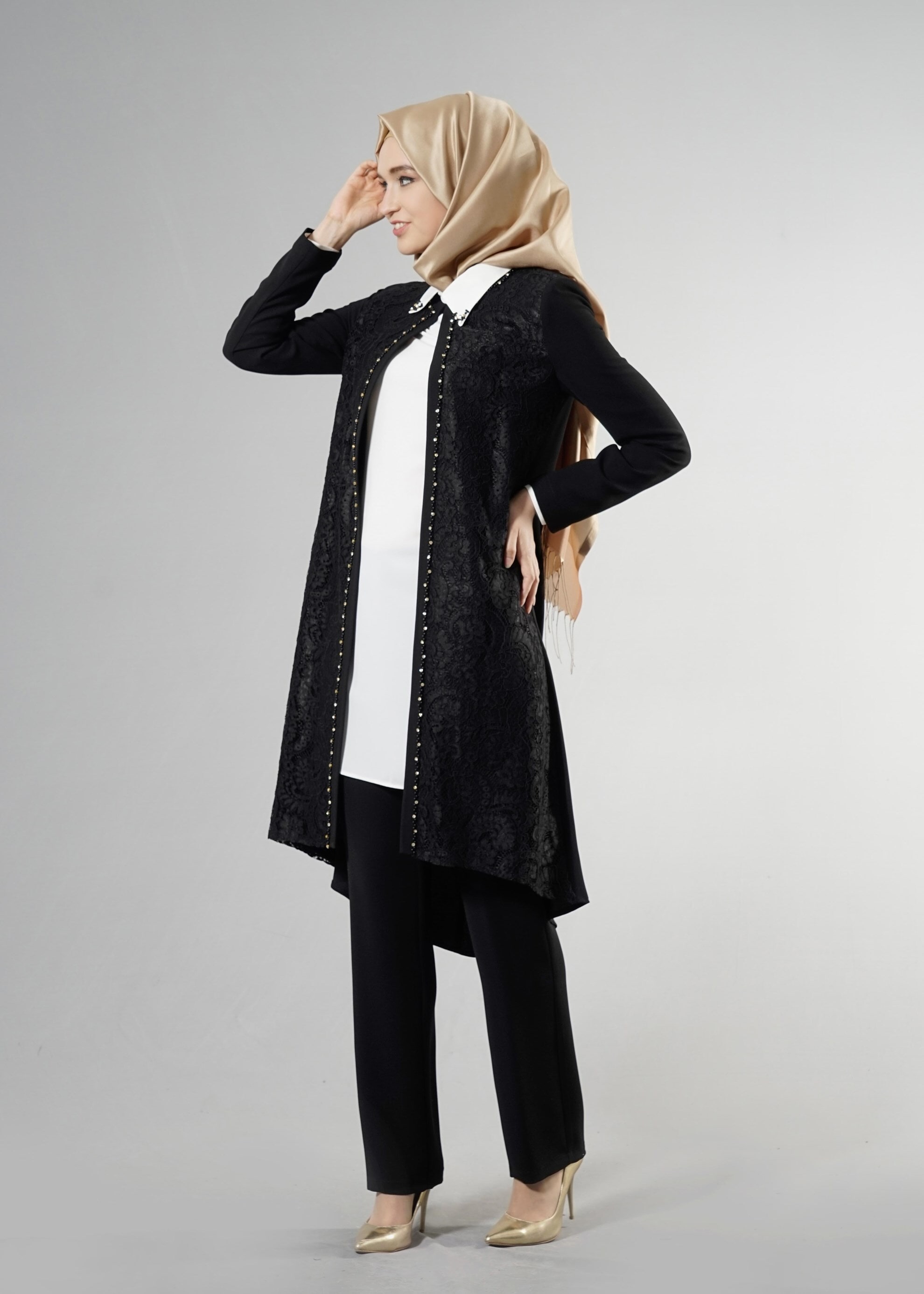 Tesettür giyim SİYAH 3243P Maral Tesettür 5985 3&prime;Lü Pant.Takım 40/48 TEK38