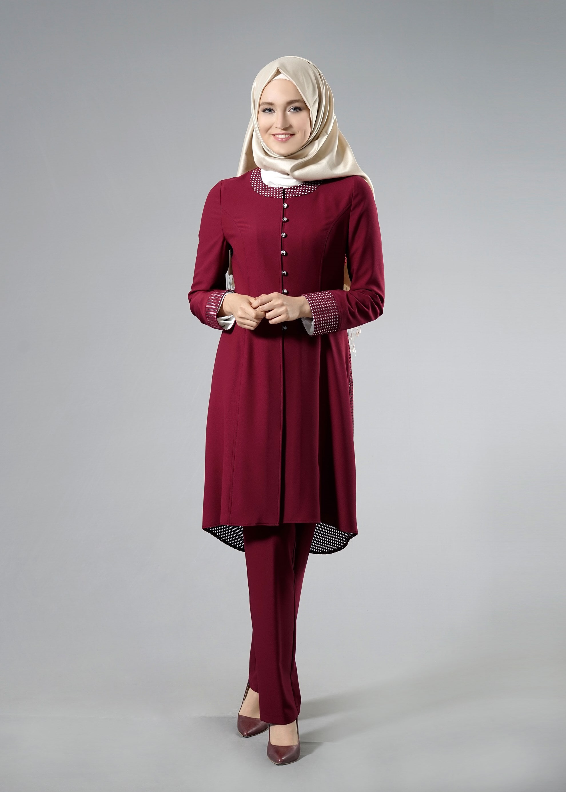 Tesettür giyim BORDO PÖTİKARE DESEN DETAYLI 3&prime;LÜ PANT. TAKIM 3262P 