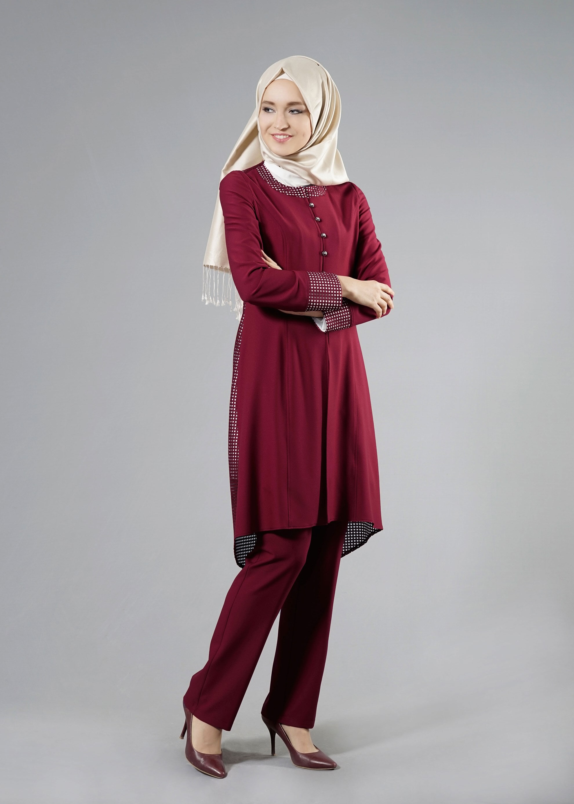 Tesettür giyim BORDO PÖTİKARE DESEN DETAYLI 3&prime;LÜ PANT. TAKIM 3262P 