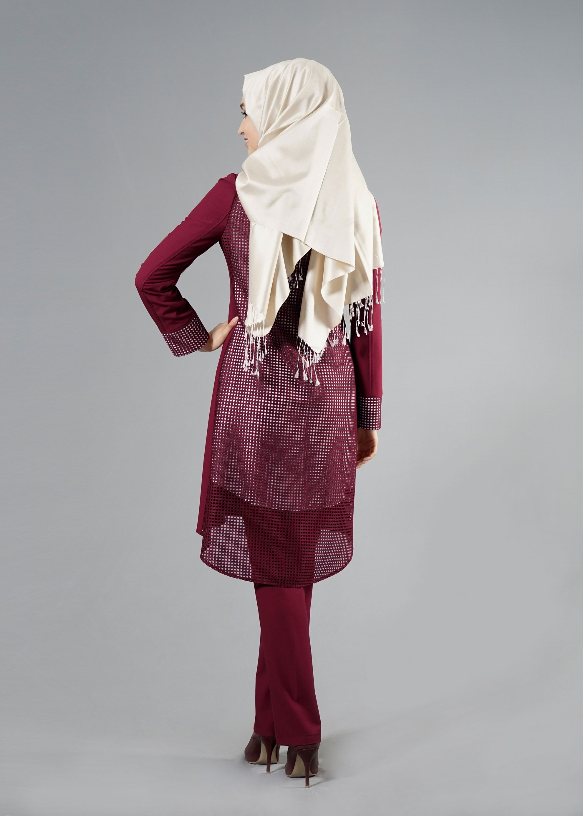 Tesettür giyim BORDO PÖTİKARE DESEN DETAYLI 3&prime;LÜ PANT. TAKIM 3262P 