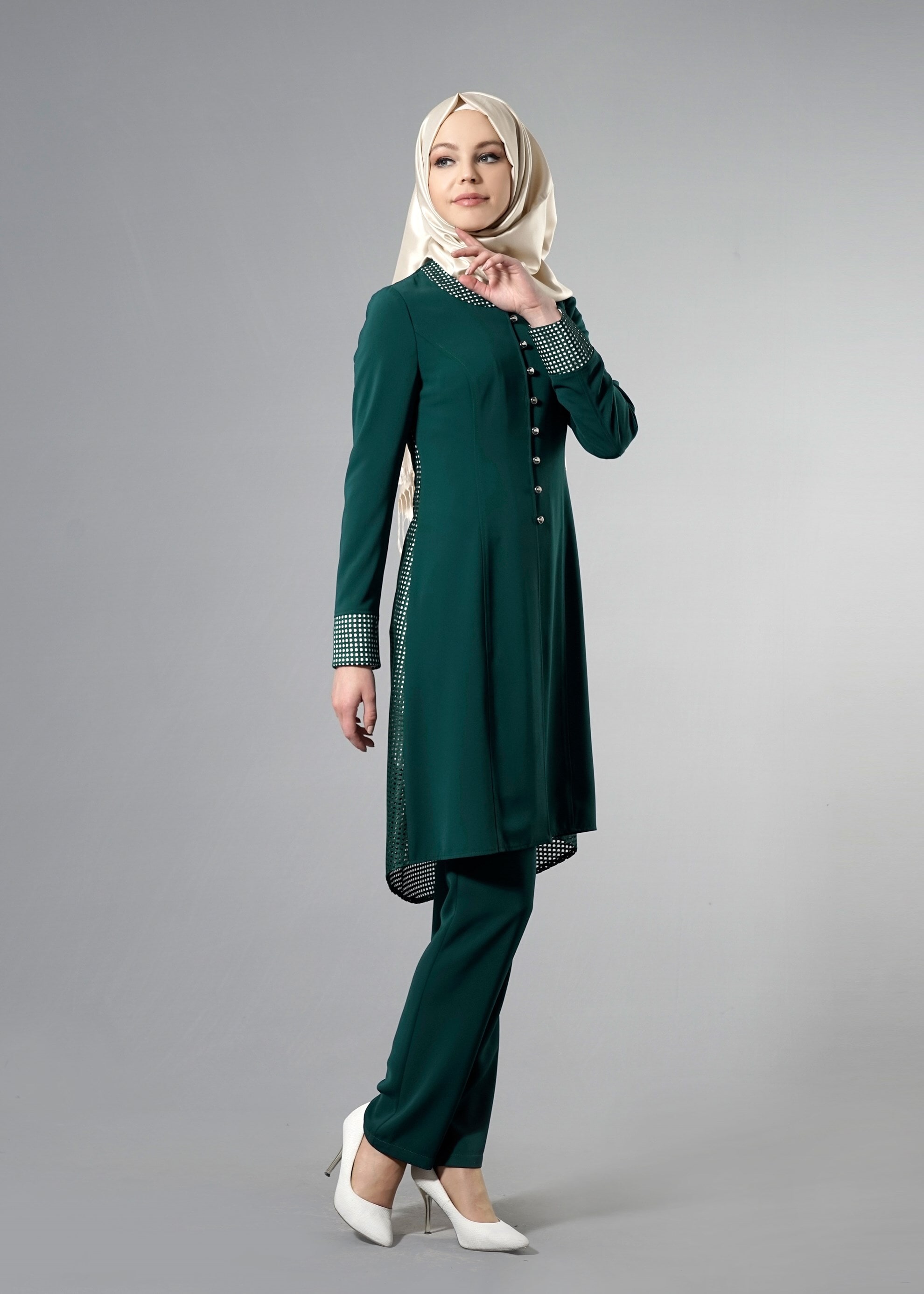 Tesettür giyim YEŞİL PÖTİKARE DESEN DETAYLI 3&prime;LÜ PANT. TAKIM 3262P 