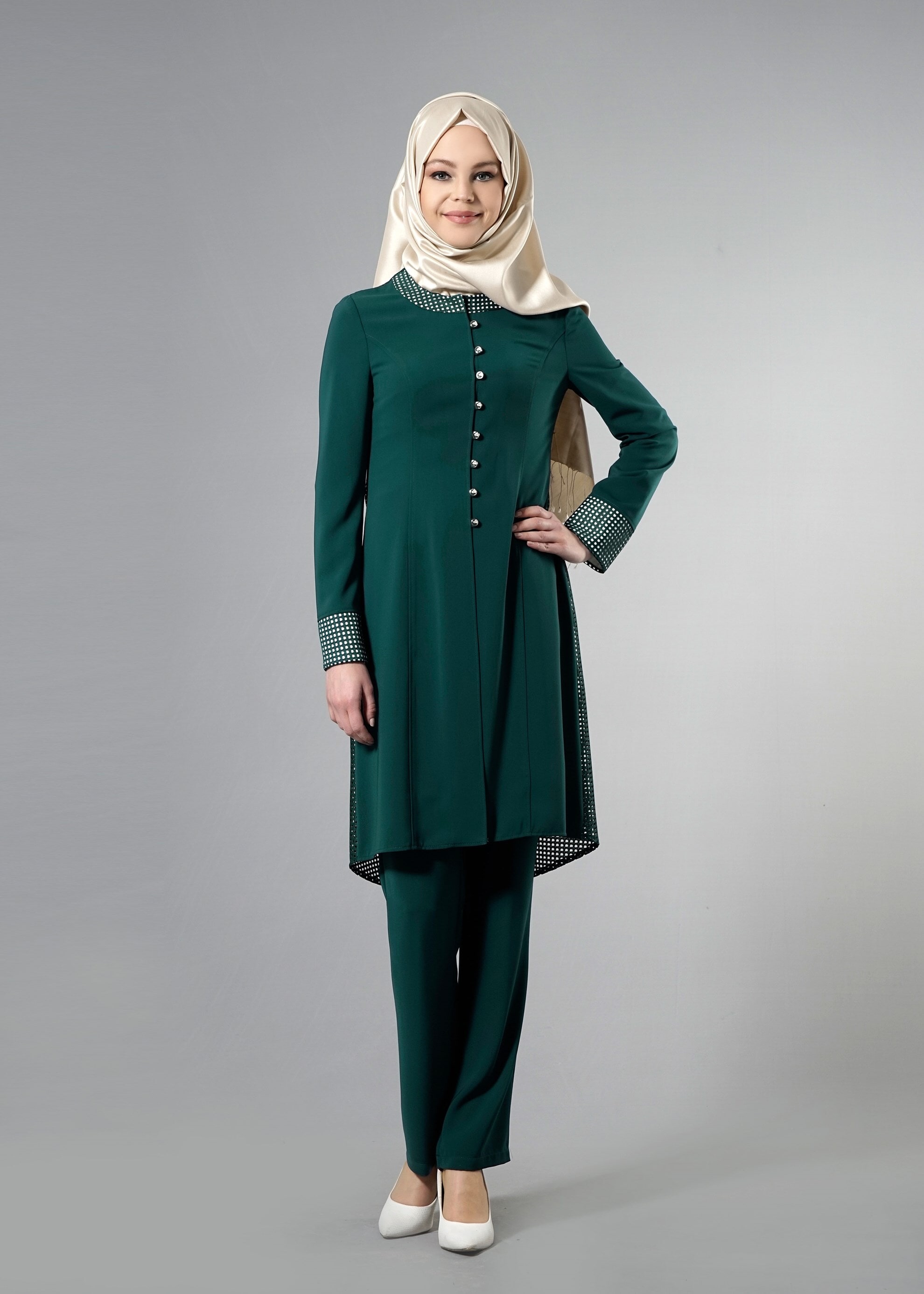 Tesettür giyim YEŞİL PÖTİKARE DESEN DETAYLI 3&prime;LÜ PANT. TAKIM 3262P 