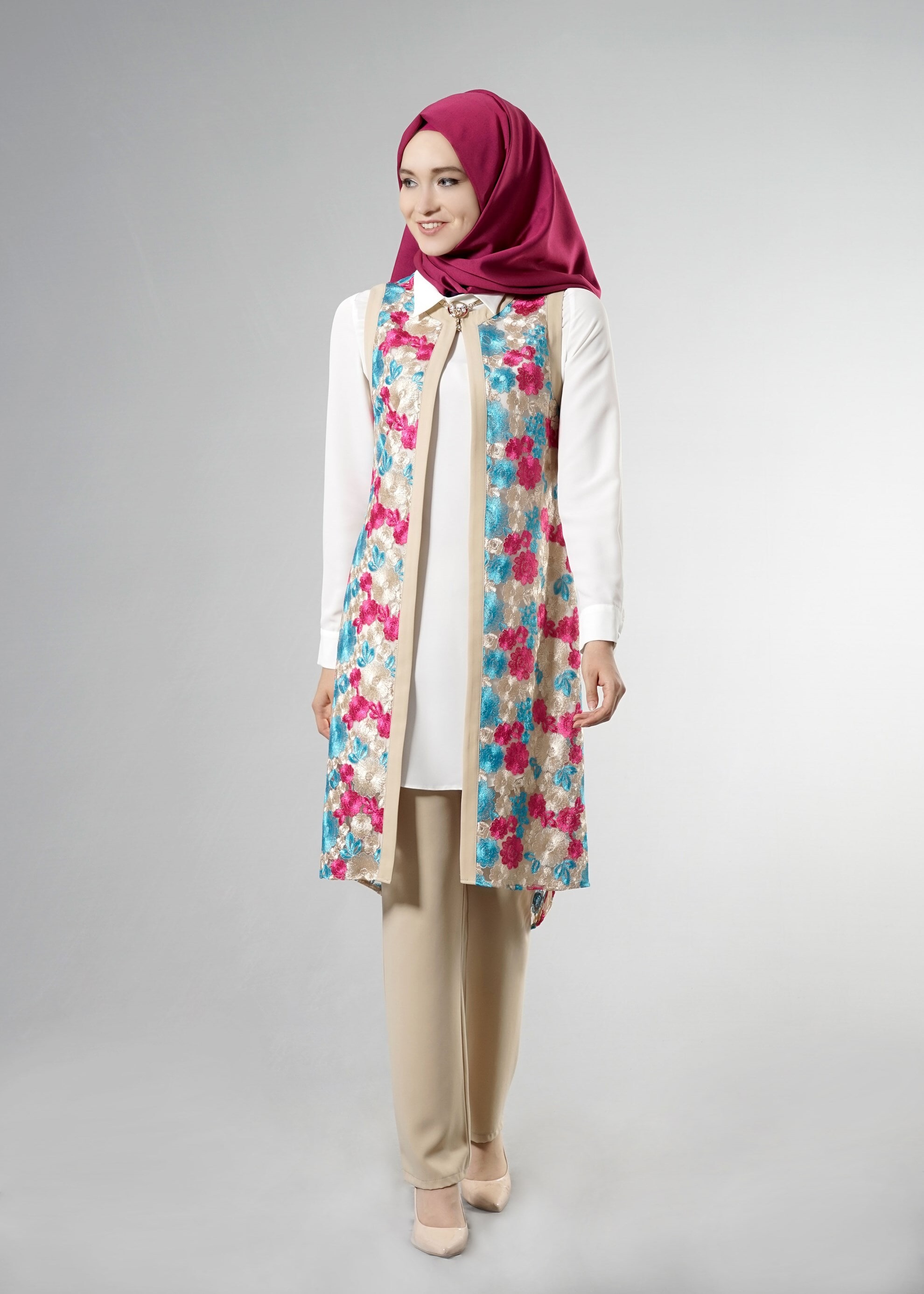 Tesettür giyim FUŞYA 3265P Flower Tesettür 3&prime;lü  Pant. Takım 38/44