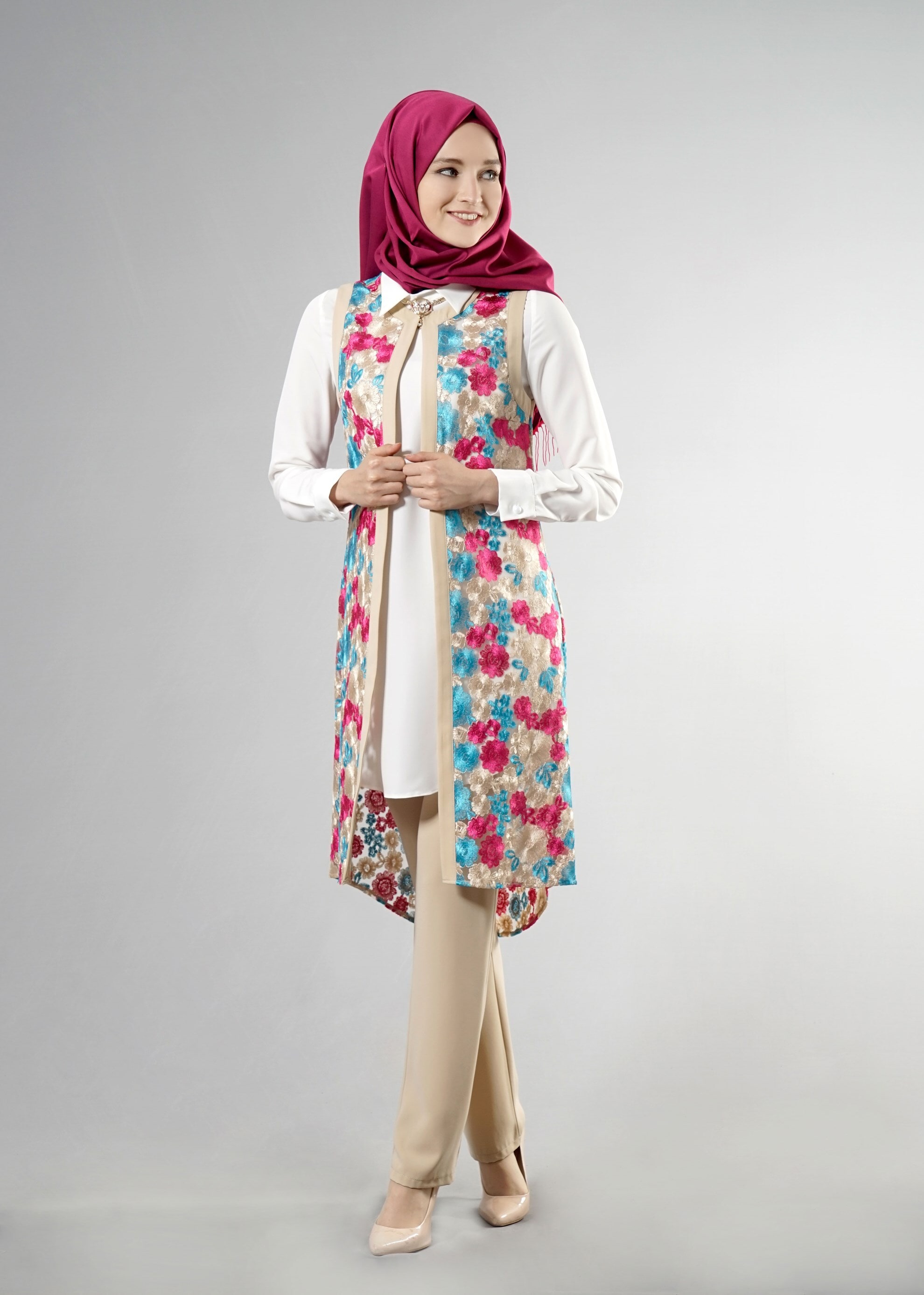 Tesettür giyim FUŞYA 3265P Flower Tesettür 3&prime;lü  Pant. Takım 38/44