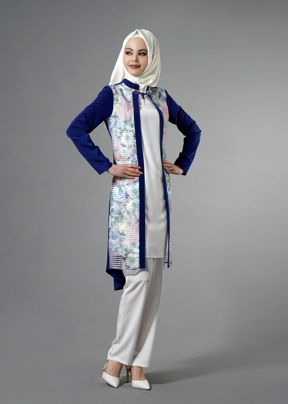 Tesettür giyim LACİVERT 3267 Crep Cupra Tesettür 2&prime;li Pant.Takım 38/46 TEK40